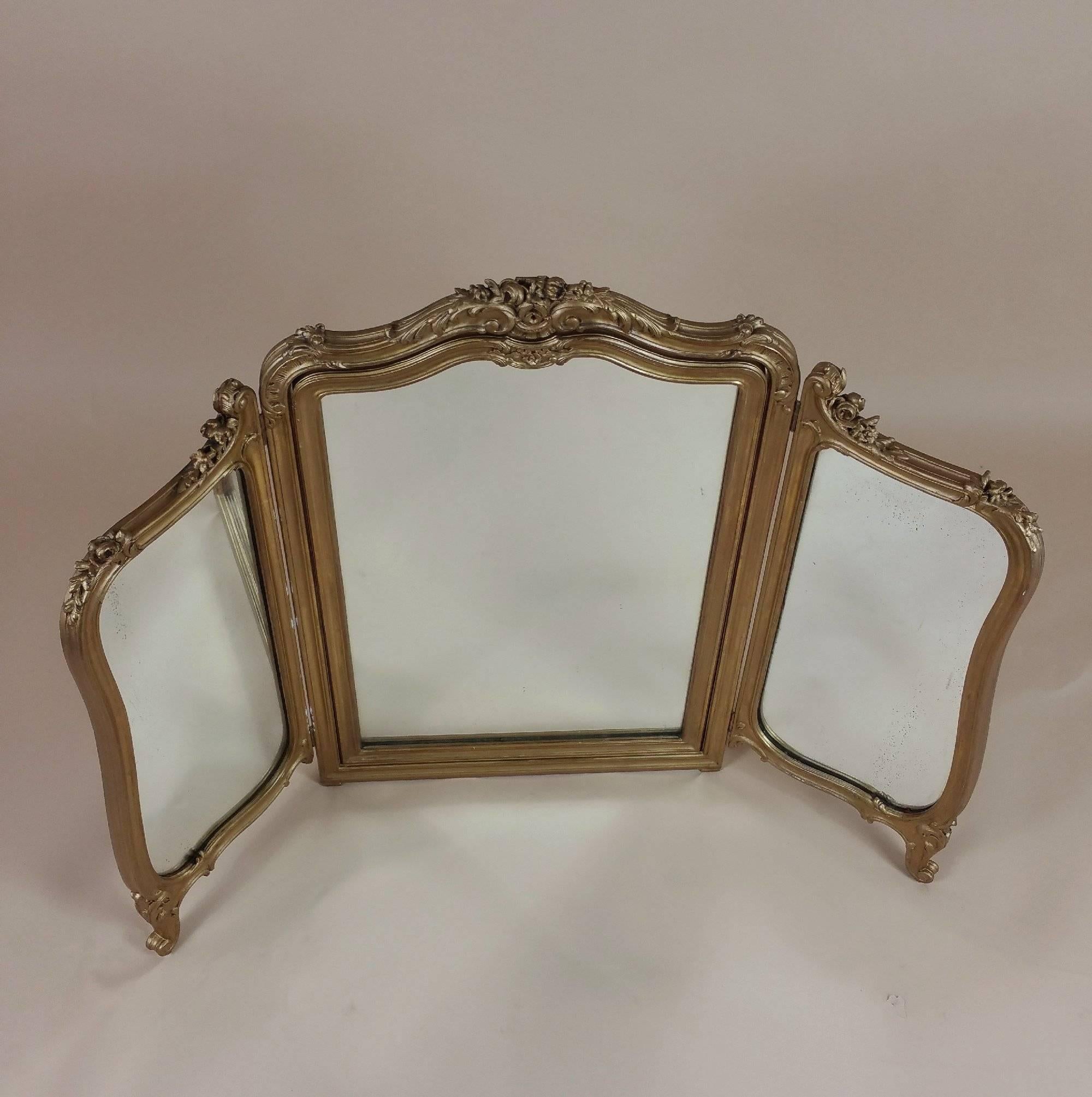 19th Century English Carved Giltwood Folding Triptych Mirror For Sale 7