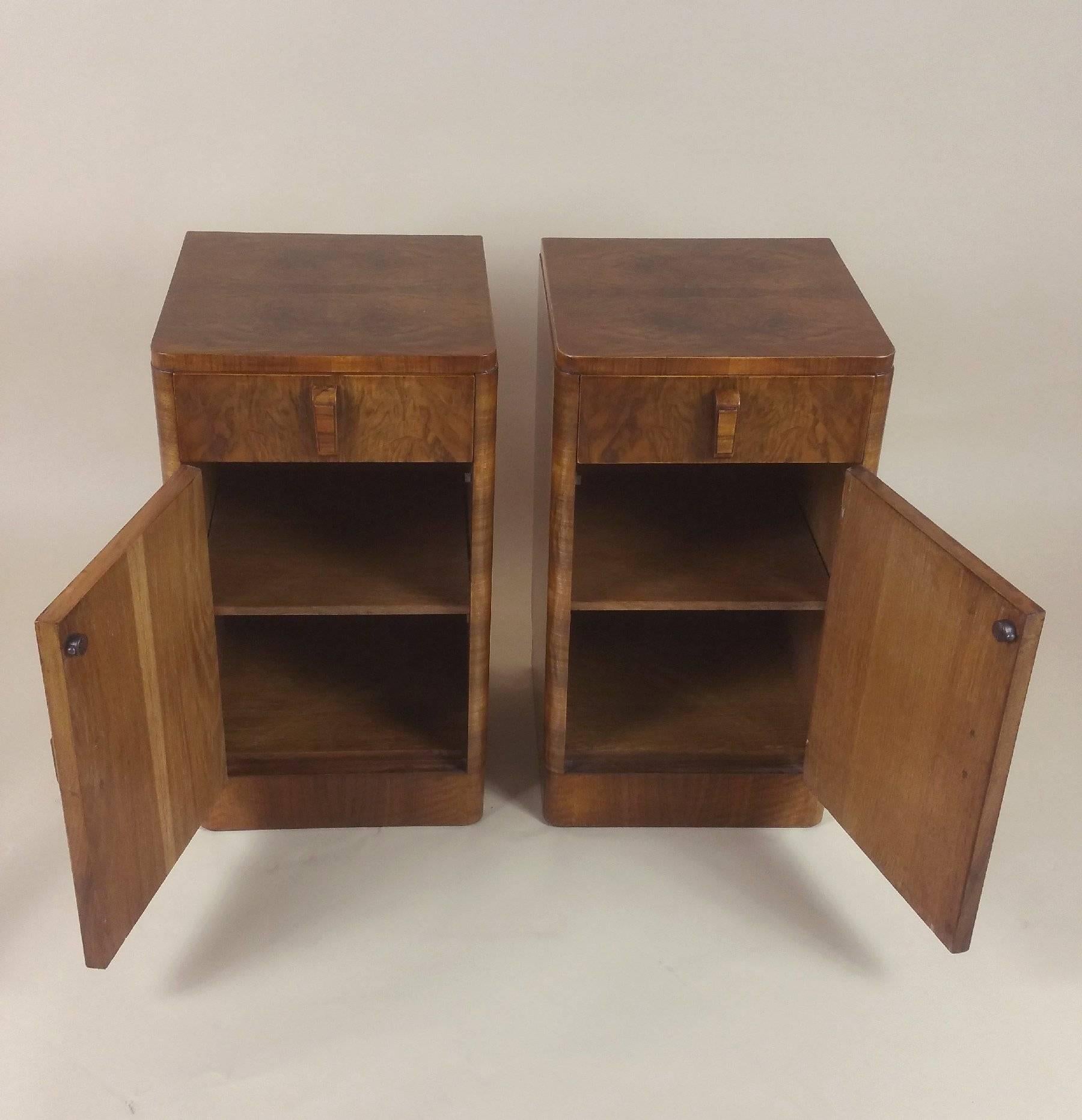 English Pair of Art Deco Figured Walnut Bedside Cupboards