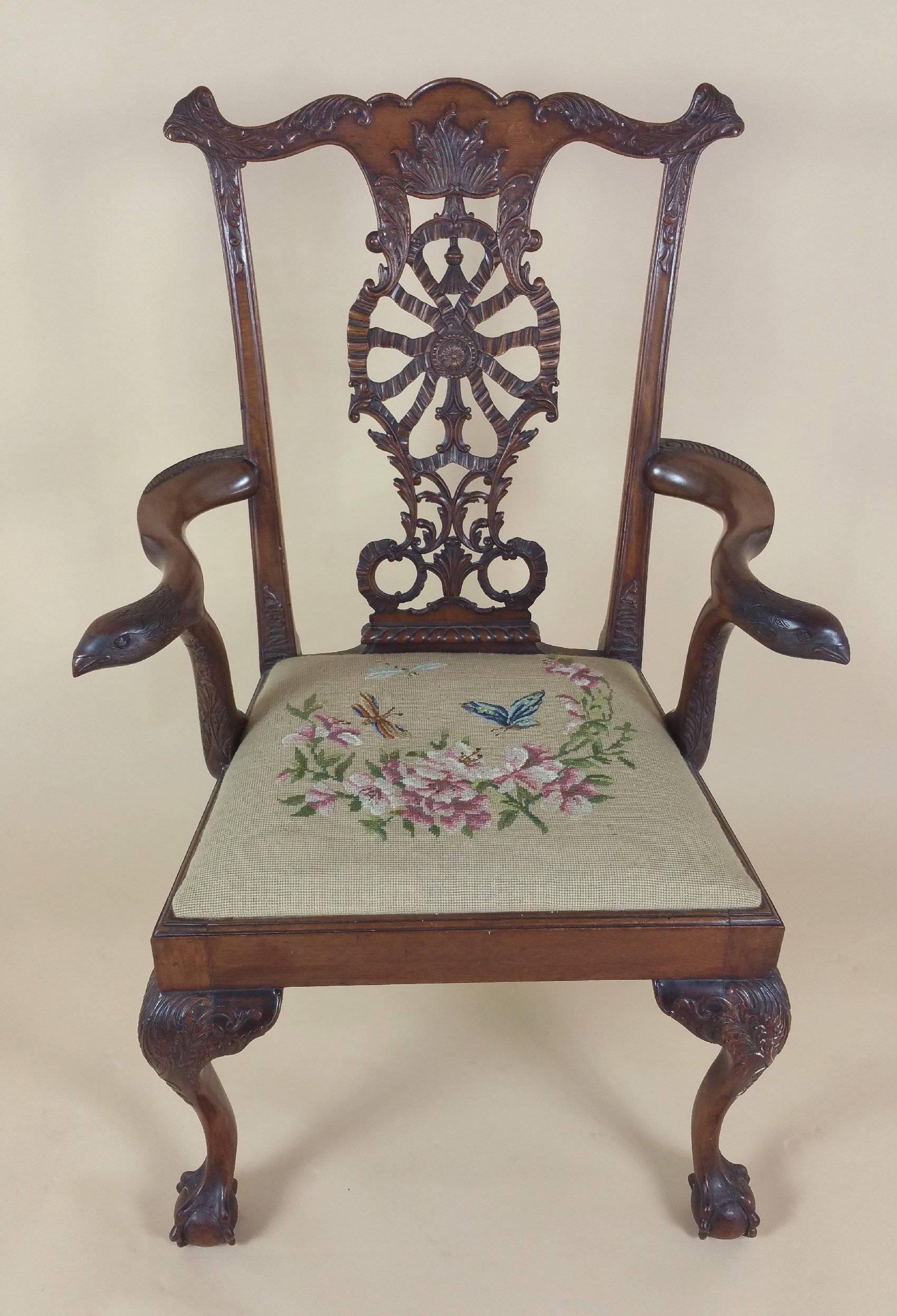 Mahogany Edwardian Chippendale Style Carved Elbow Chair