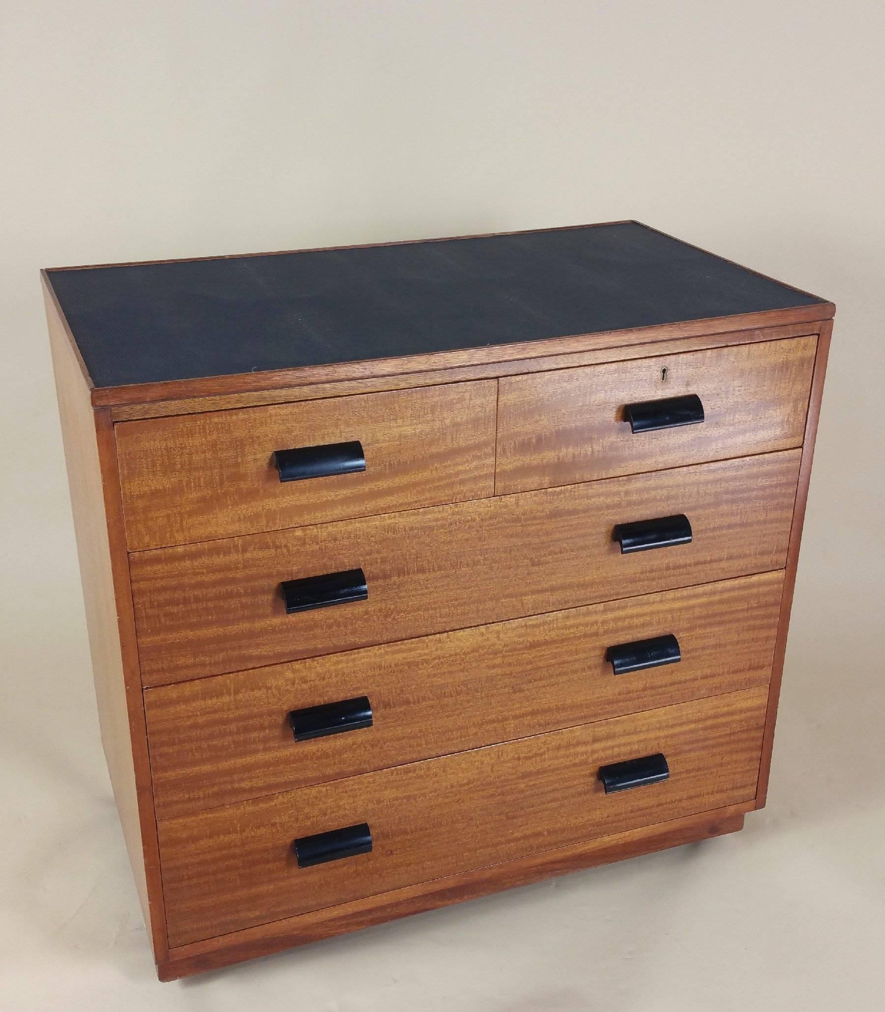 English Pair of Early 20th Century Teak Chest of Drawers with Faux Shagreen Inset Tops