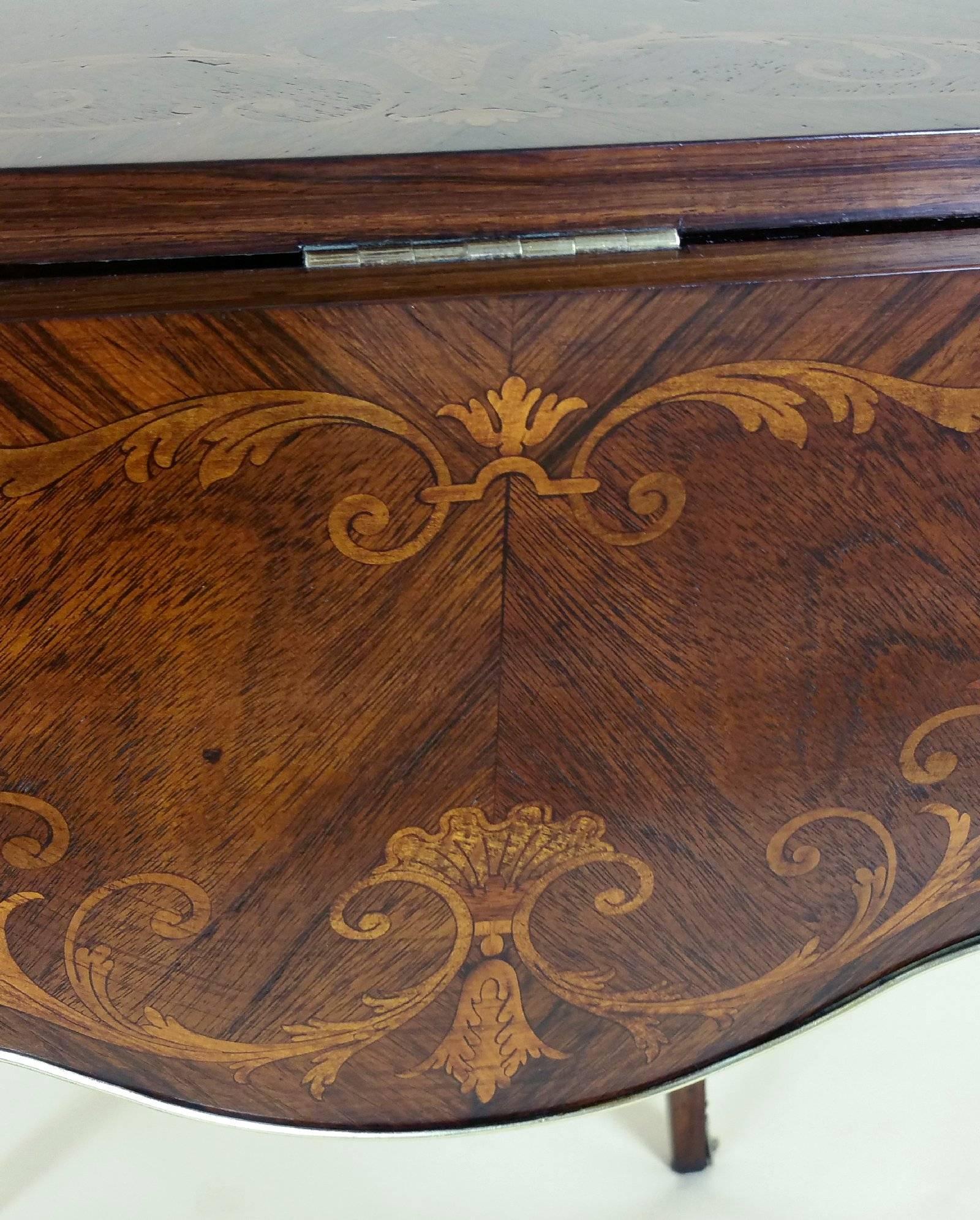 French Marquetry Inlaid Rosewood Centre Table with Four Folding Sides 1