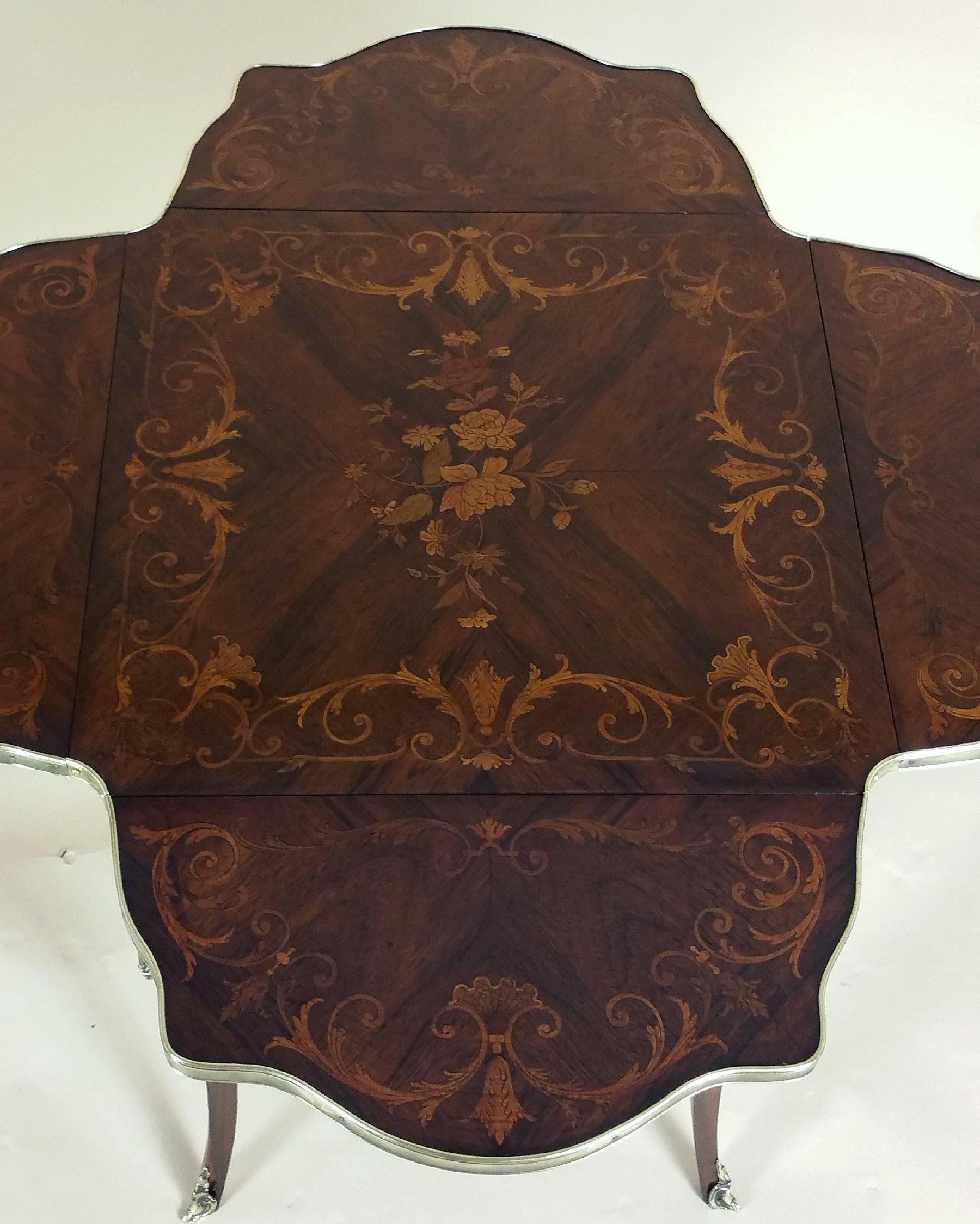 French Marquetry Inlaid Rosewood Centre Table with Four Folding Sides 3