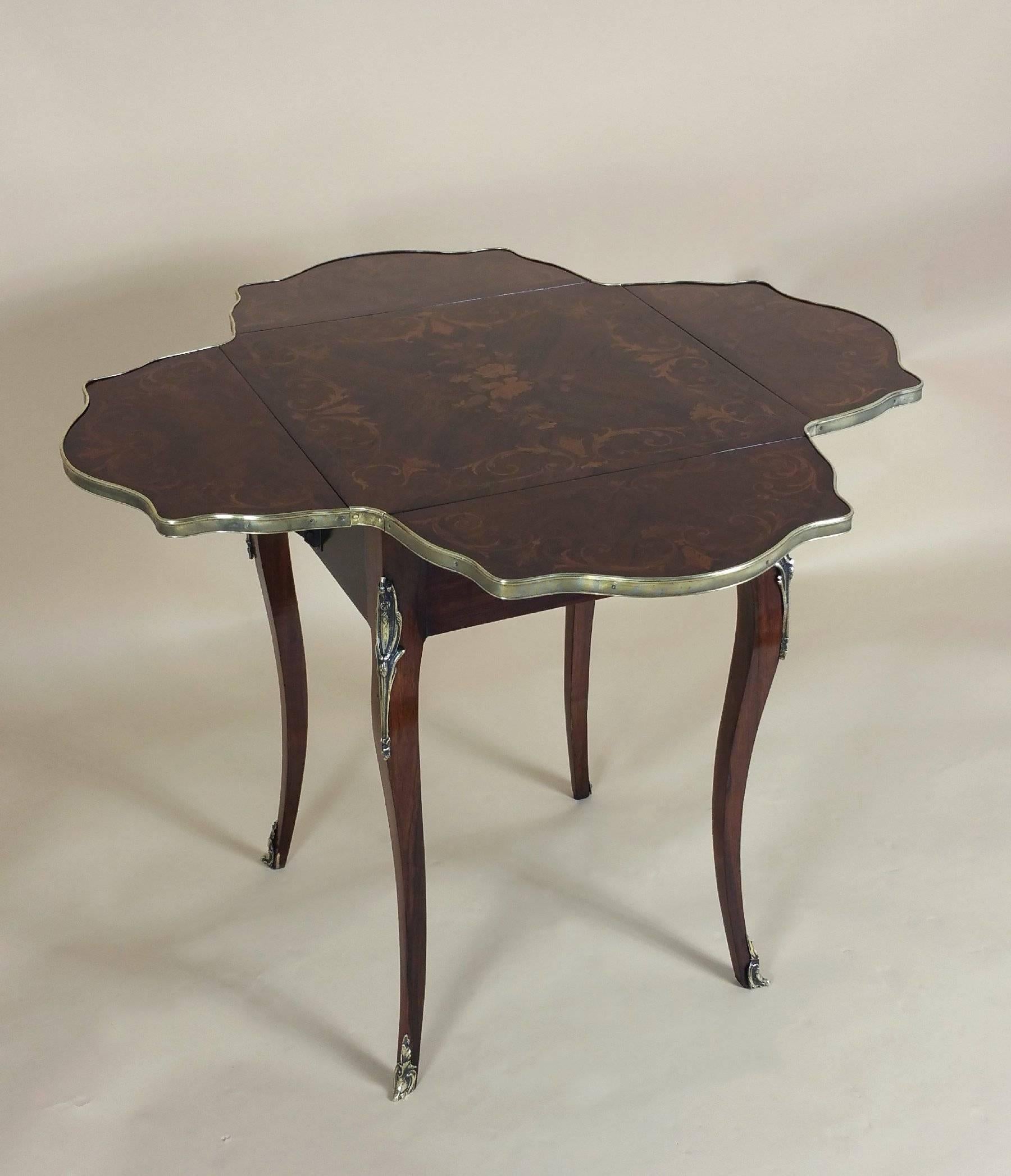 French Marquetry Inlaid Rosewood Centre Table with Four Folding Sides 4