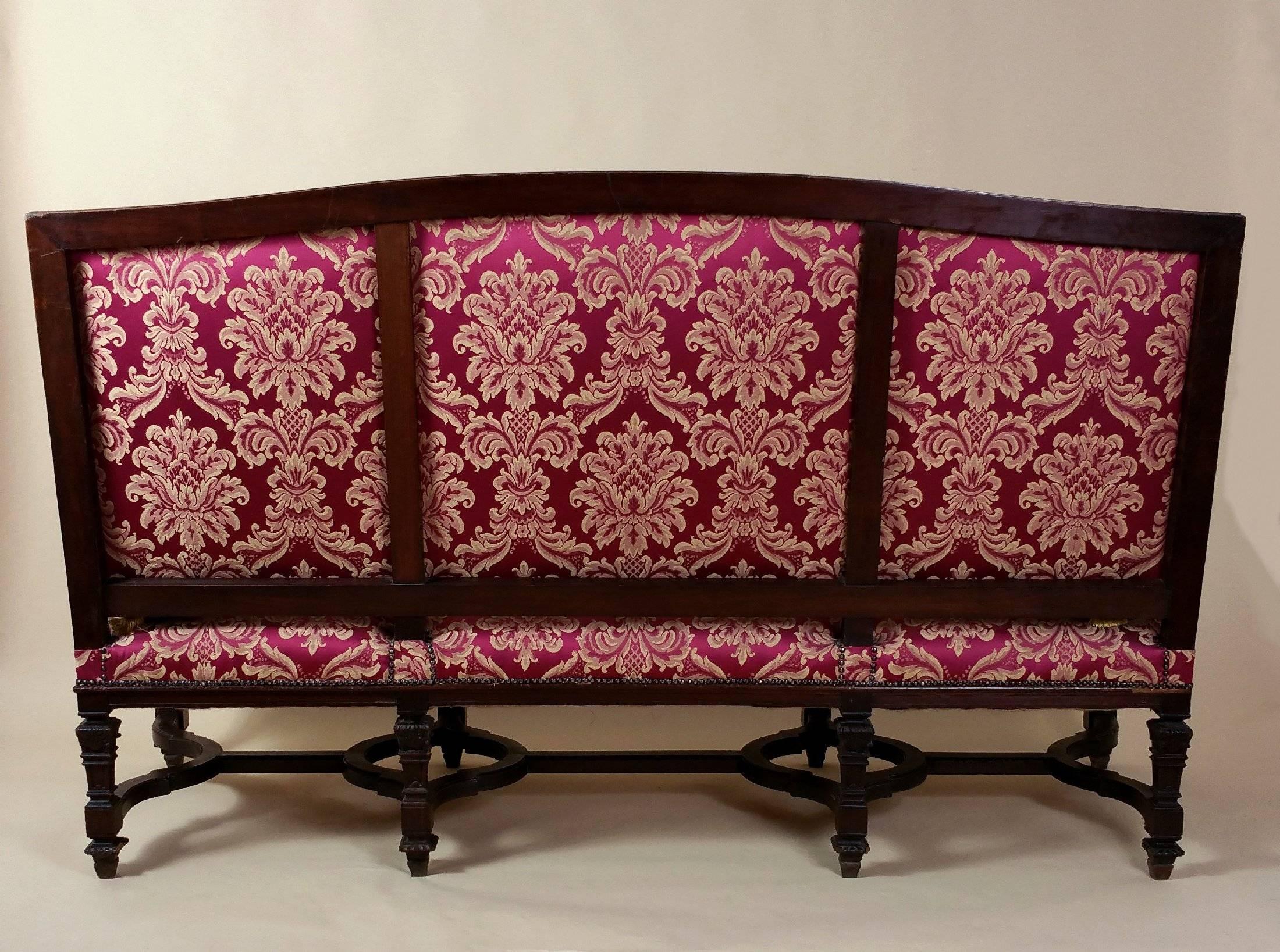 Upholstery Victorian Carved Walnut Framed Upholstered Couch For Sale