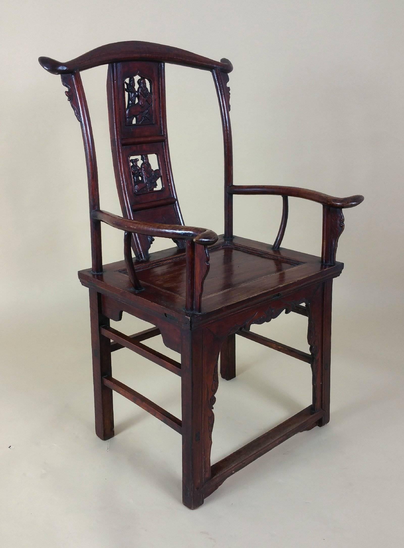 Pair of Mid-19th Century Chinese Carved Elm and Fruitwood Armchairs 1