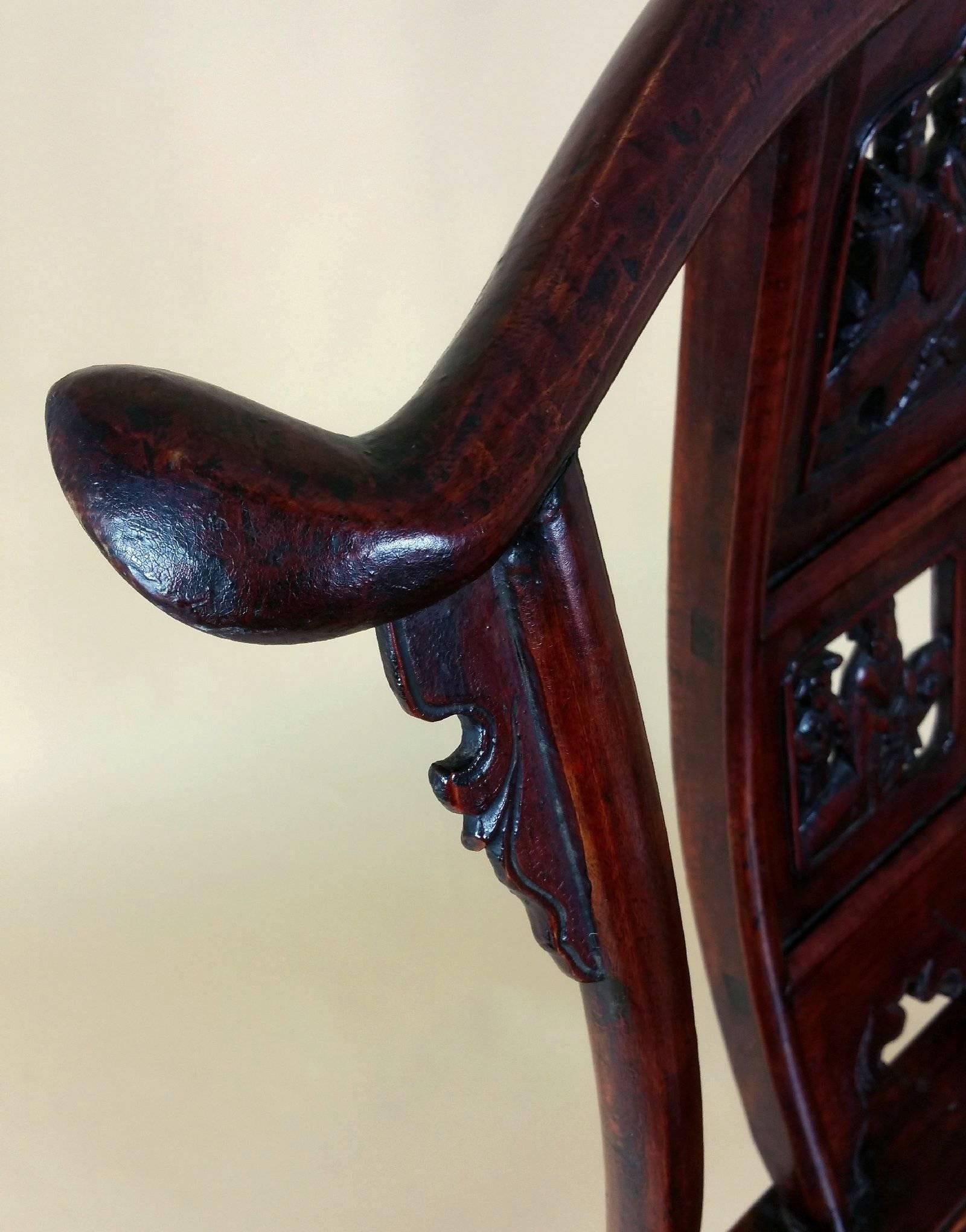Pair of Mid-19th Century Chinese Carved Elm and Fruitwood Armchairs 3
