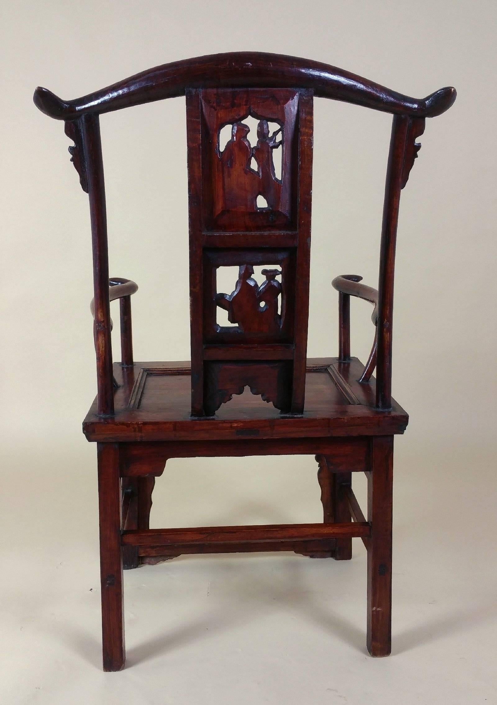 Pair of Mid-19th Century Chinese Carved Elm and Fruitwood Armchairs 6