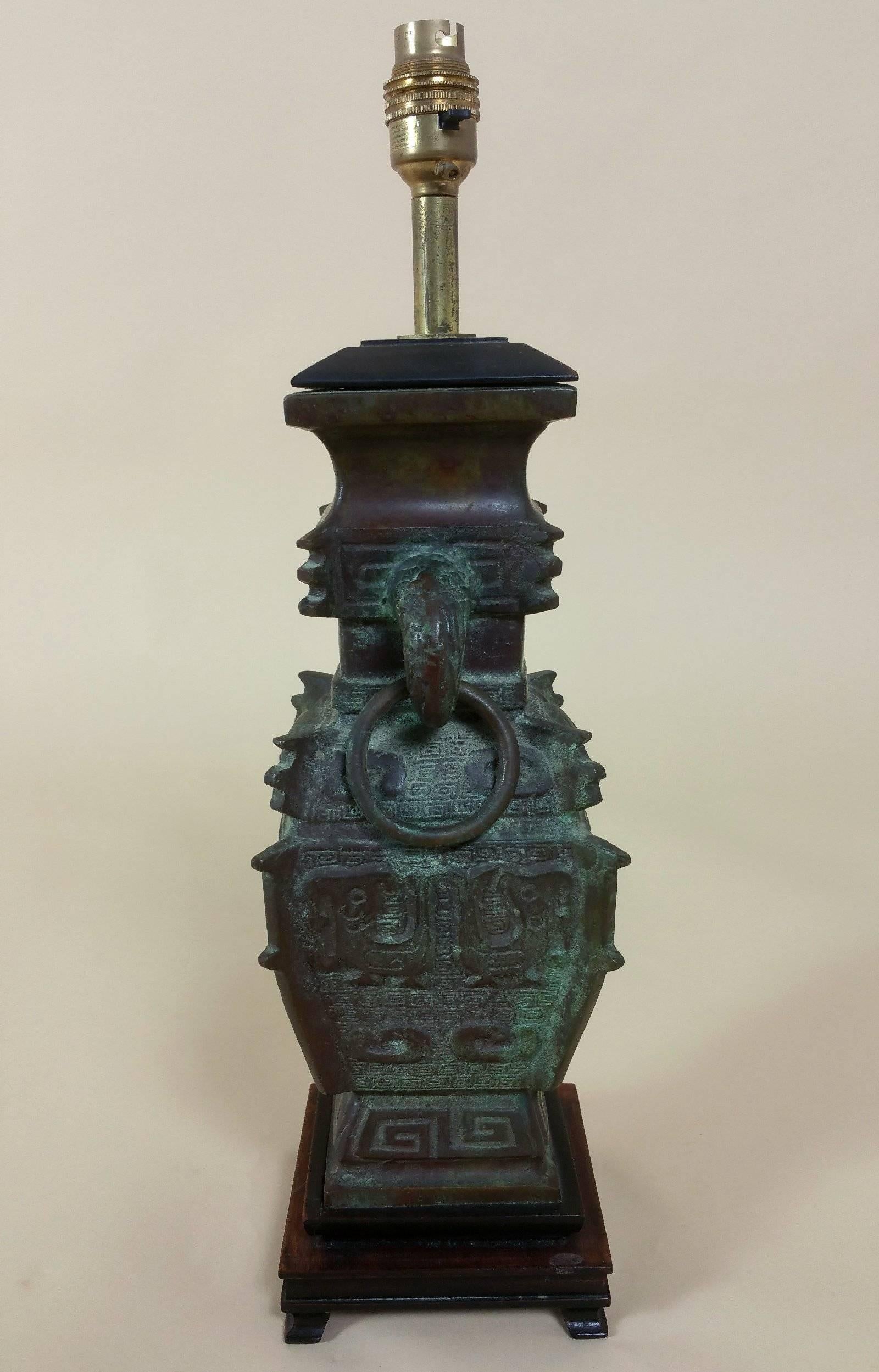 Chinese Archaic Style Bronze Vase Converted to a Lamp In Excellent Condition In London, west Sussex