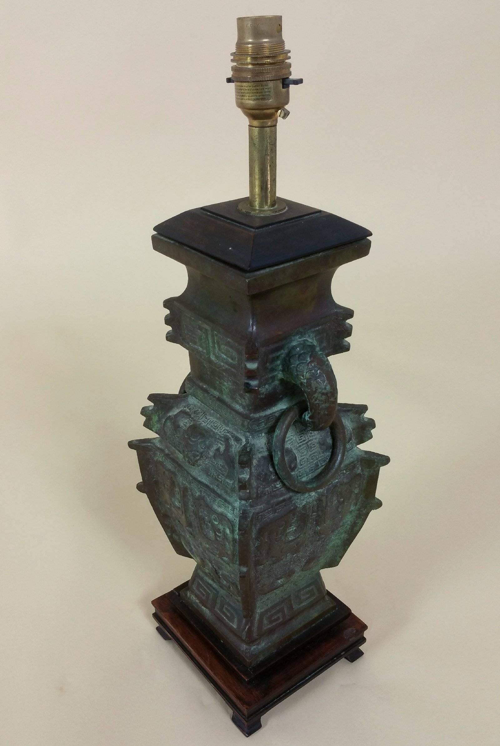 20th Century Chinese Archaic Style Bronze Vase Converted to a Lamp