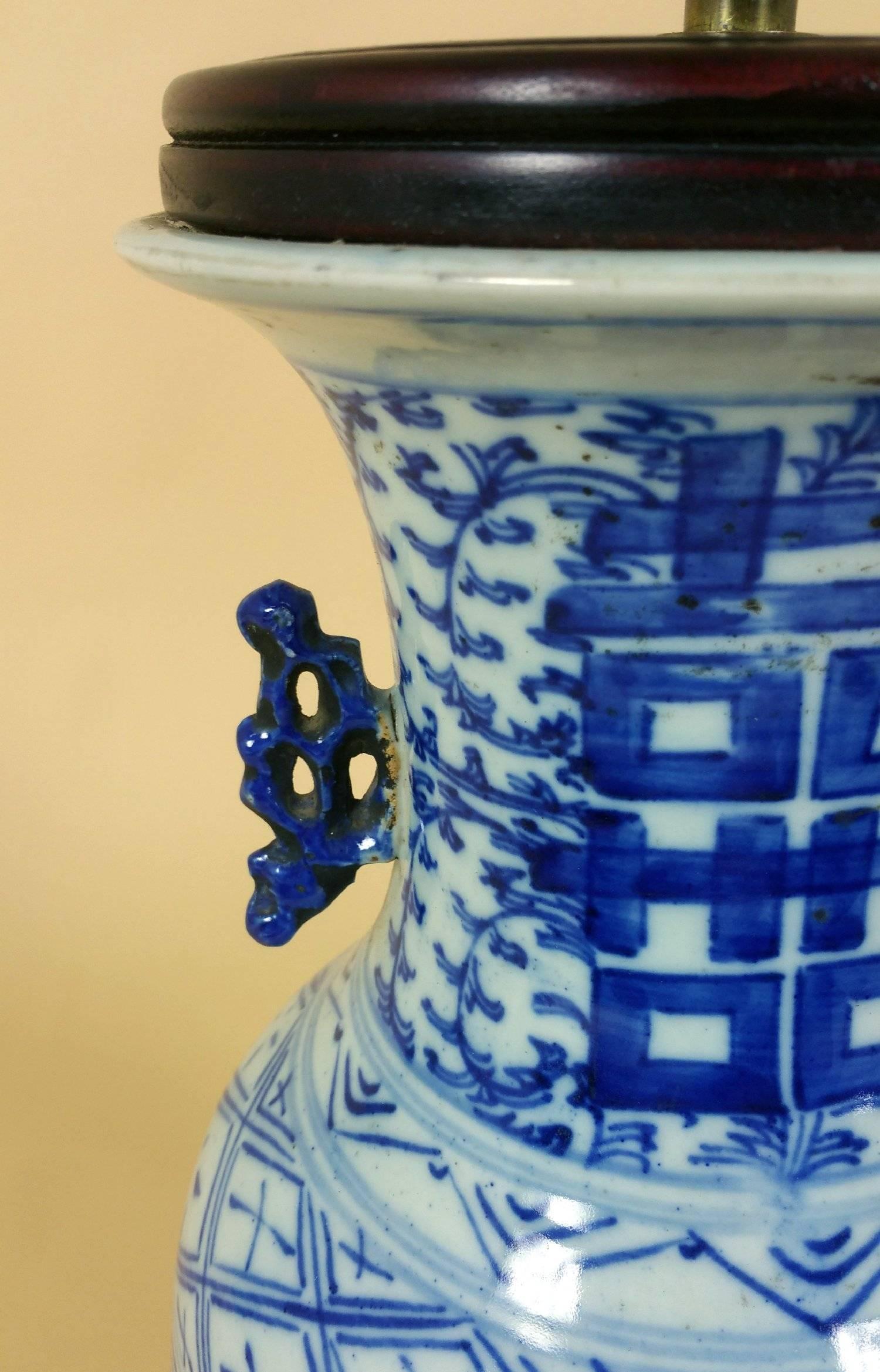Ceramic Late 19th Century Chinese Blue and White Pottery Vase Converted to Table Lamp
