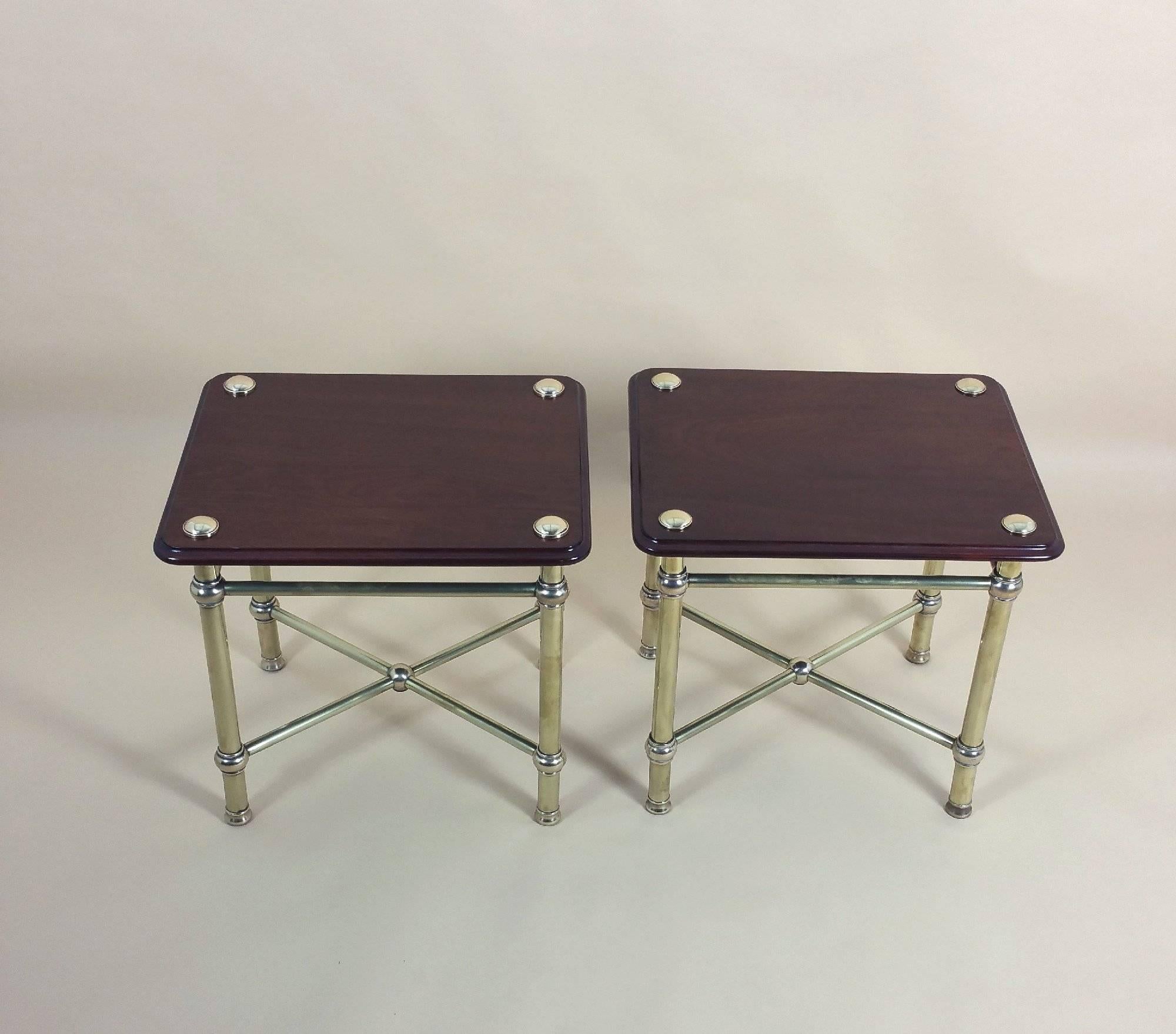 This very simple and classical style pair of low side tables are designed from a combination of mahogany and brass. Each table measures 21 ¼ in - 54 cm wide by 17 ¾ in – 45 cm deep, with a height of 20 ¼ in – 51.5 cm.