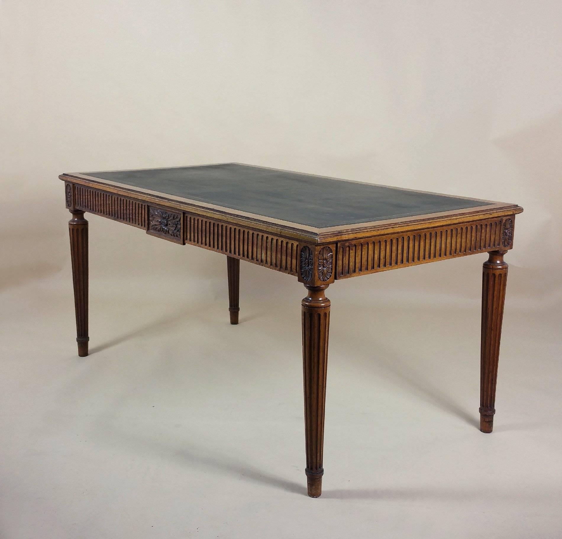 19th Century Victorian Carved Walnut Leather Topped Library Table
