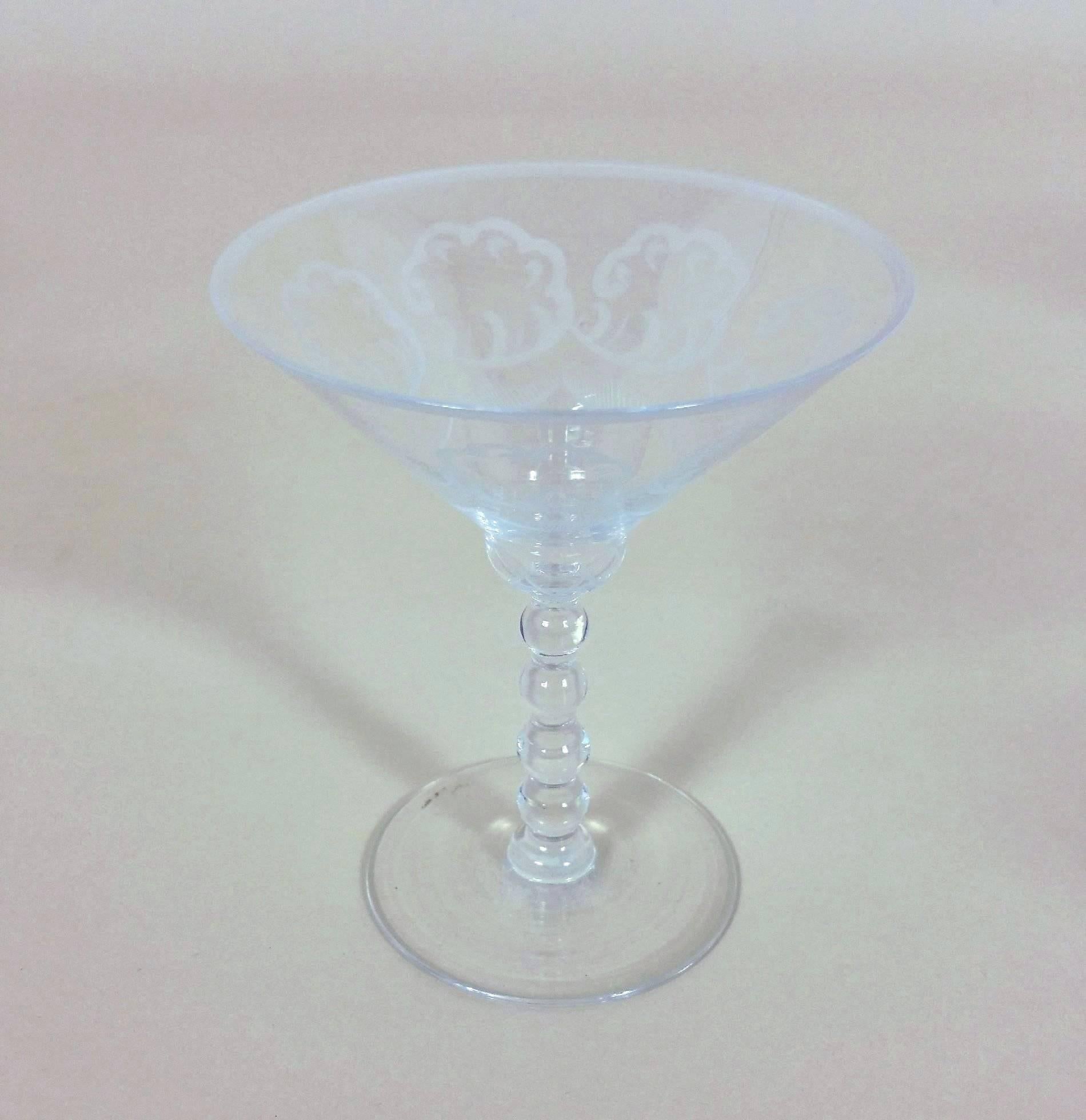 Swedish Suite of Orrefors Art Deco Drinking Glasses Engraved with Clouds