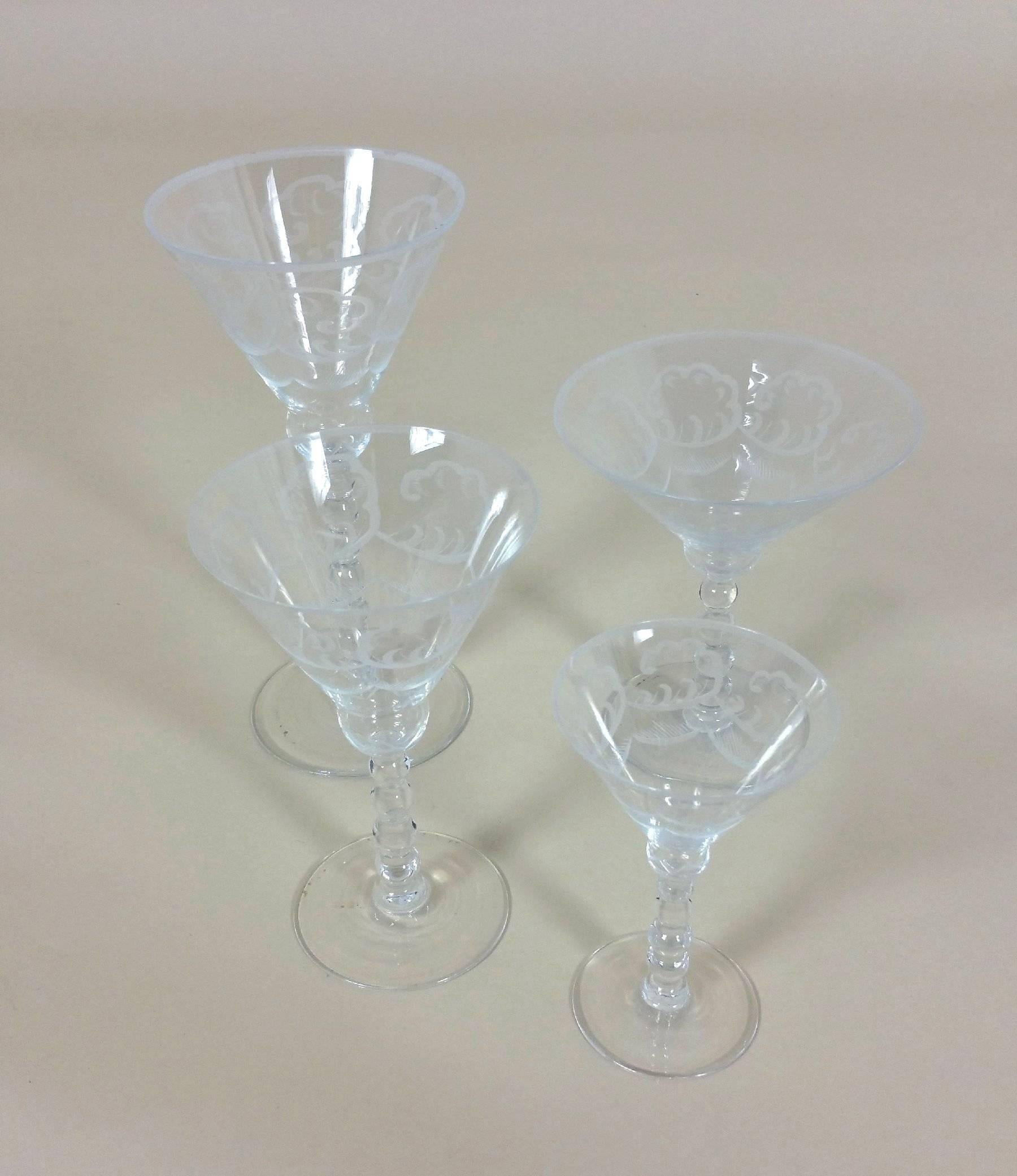 Blown Glass Suite of Orrefors Art Deco Drinking Glasses Engraved with Clouds