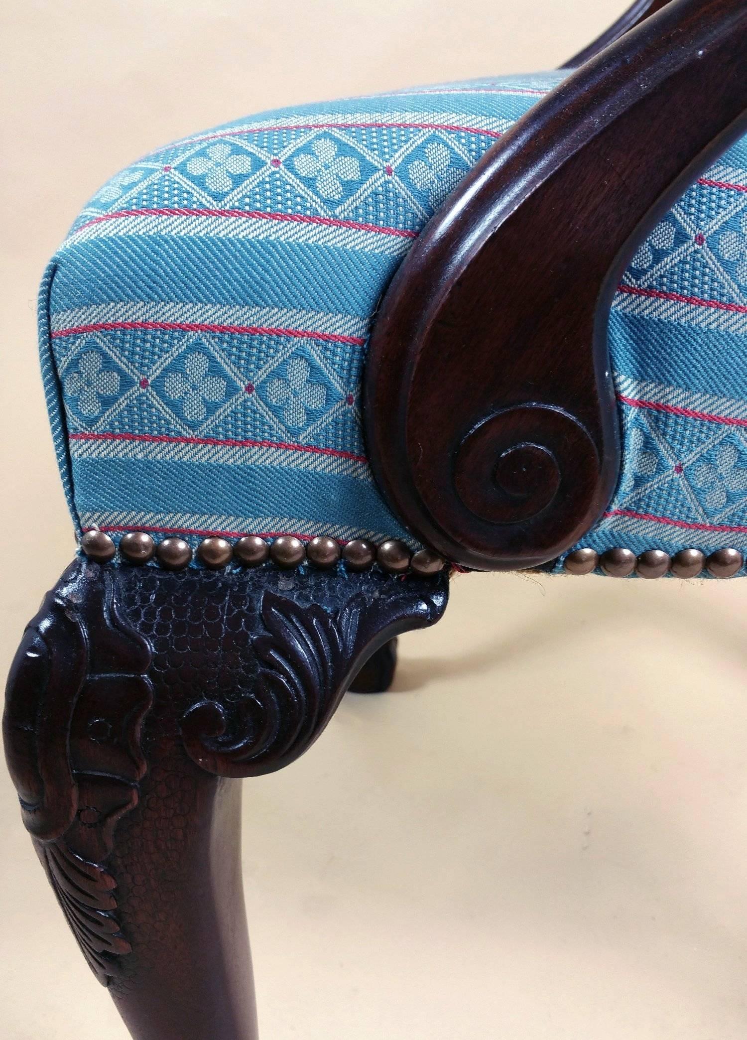 Fabric Pair of 18th Century English Chippendale Carved Mahogany Elbow Chairs