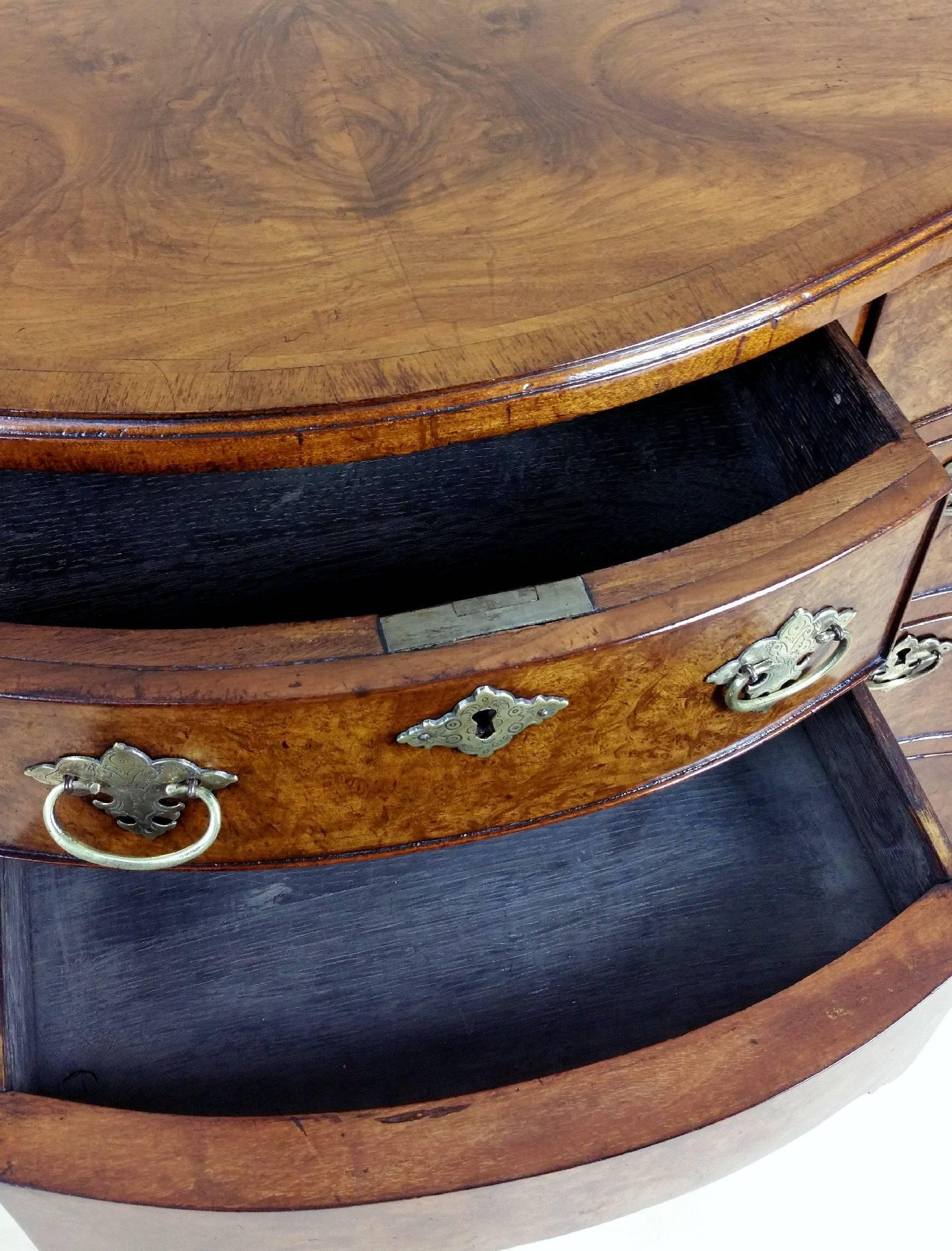 Metalwork Late 19th Century Figured Walnut George I Style Serpentine Shaped Kneehole Desk