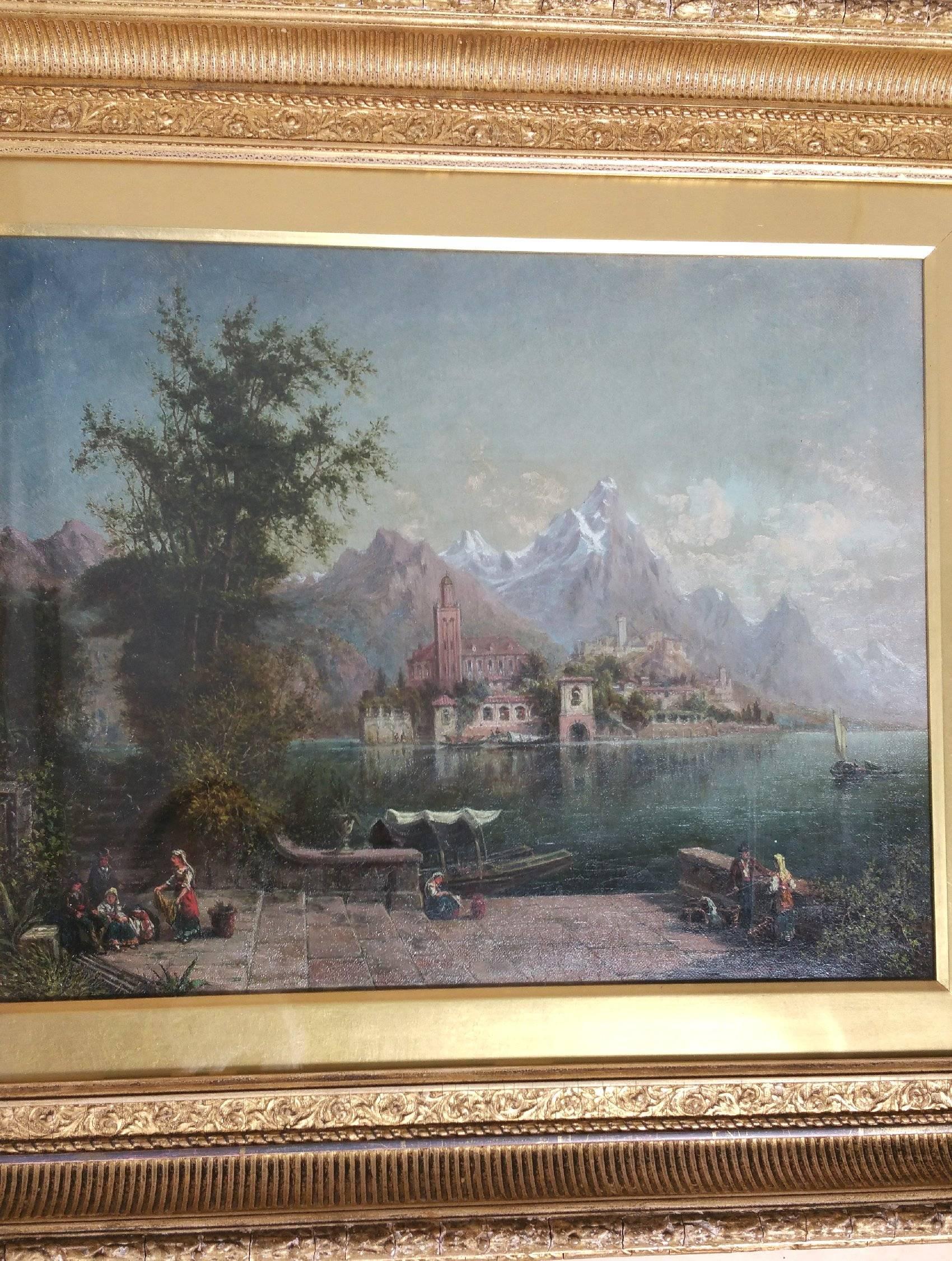This elegant and sublime landscape oil on canvas is of an Italian lake scene, detailed with figures, boats and mountains in the distance, painted by John Bell, a prominent painter of the period. The painting is signed and dated 1876, with written