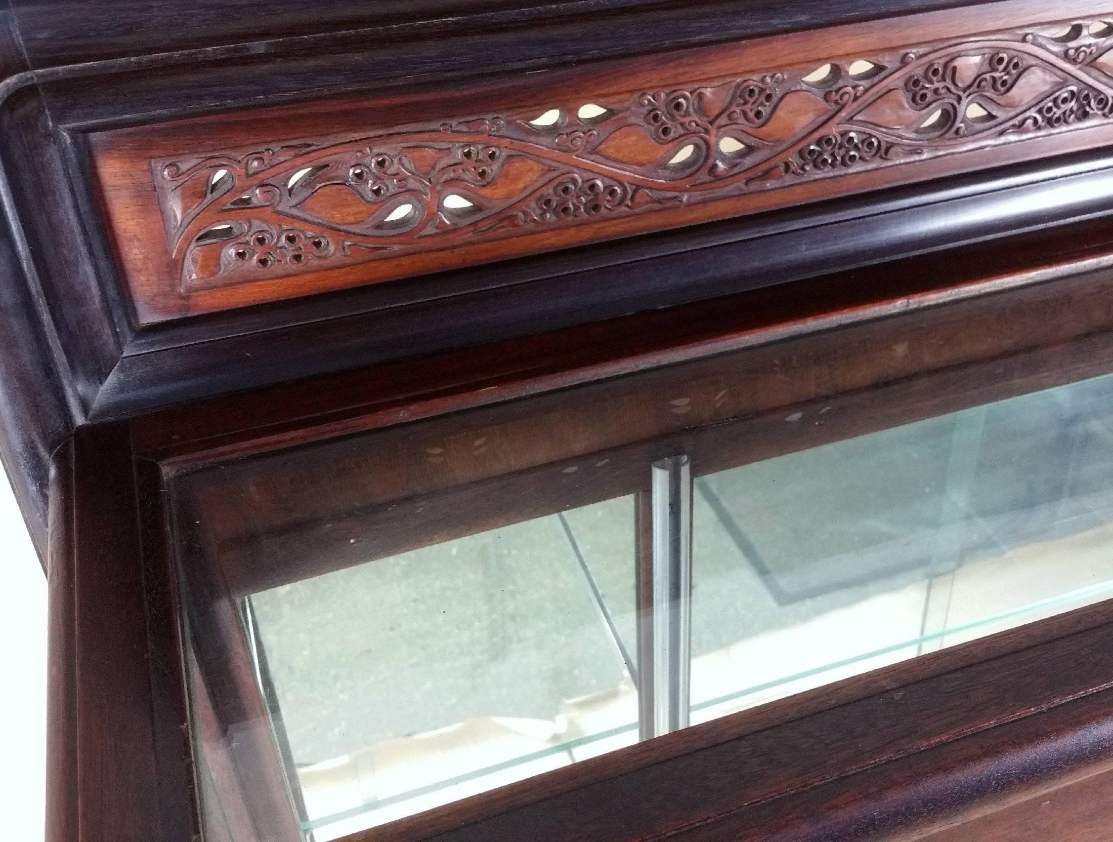 Scottish Carved and Pierced Solid Rosewood and Teak Display Cabinet For Sale 1