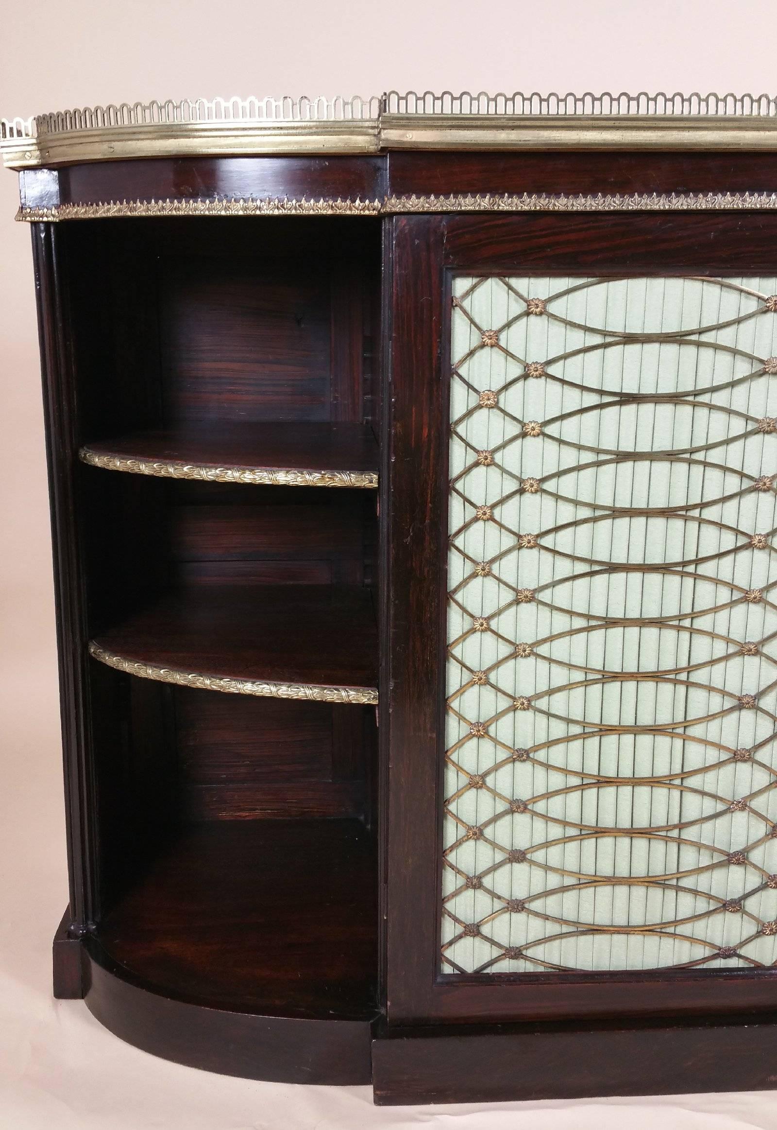 French Regency Period Faux Rosewood Side Cabinet with Twin Brass Grill Doors For Sale