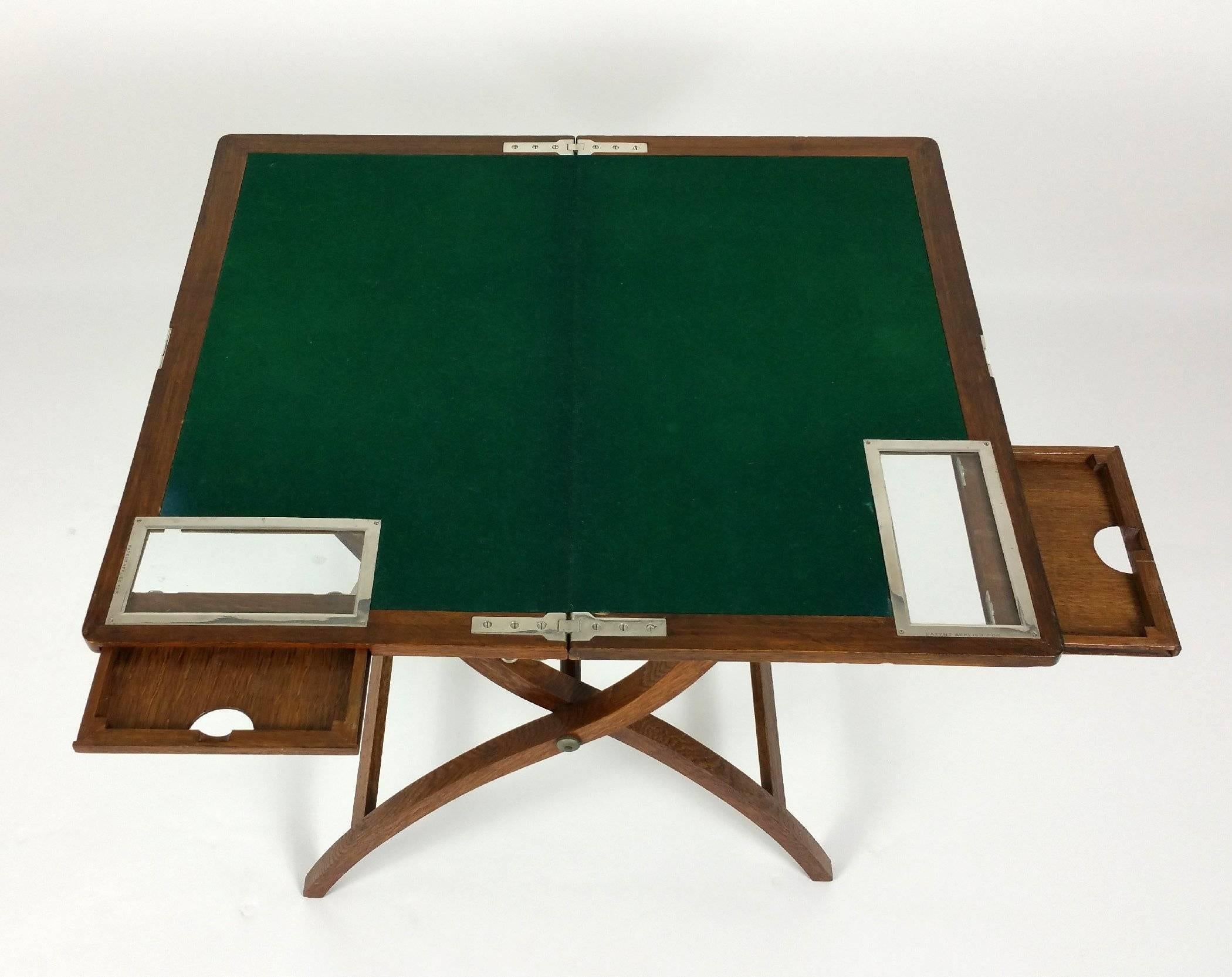 Edwardian Oak and Chrome Folding Games Table by Asprey In Excellent Condition In London, west Sussex