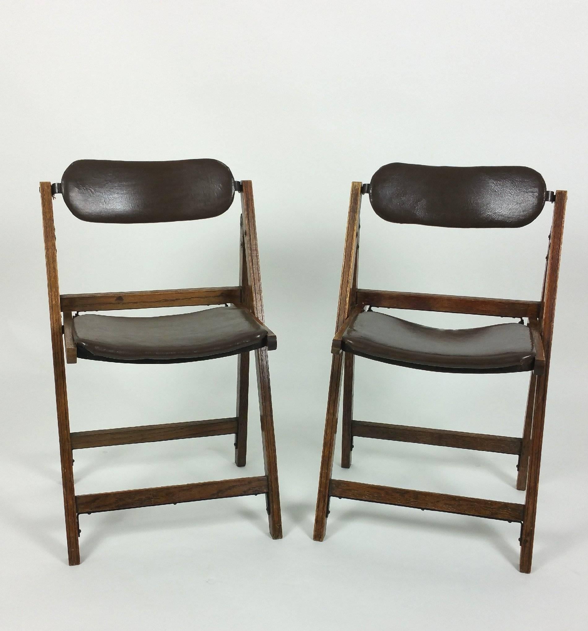 Pair of Edwardian Oak and Leather ‘Tansad’ Folding Chairs 2