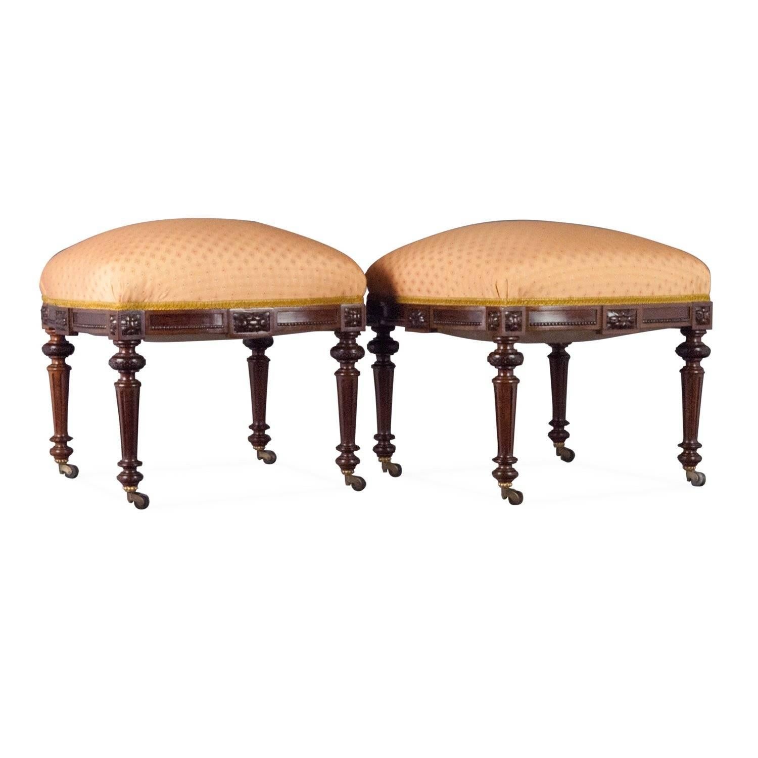 Textile Pair of Carved Rosewood Stools