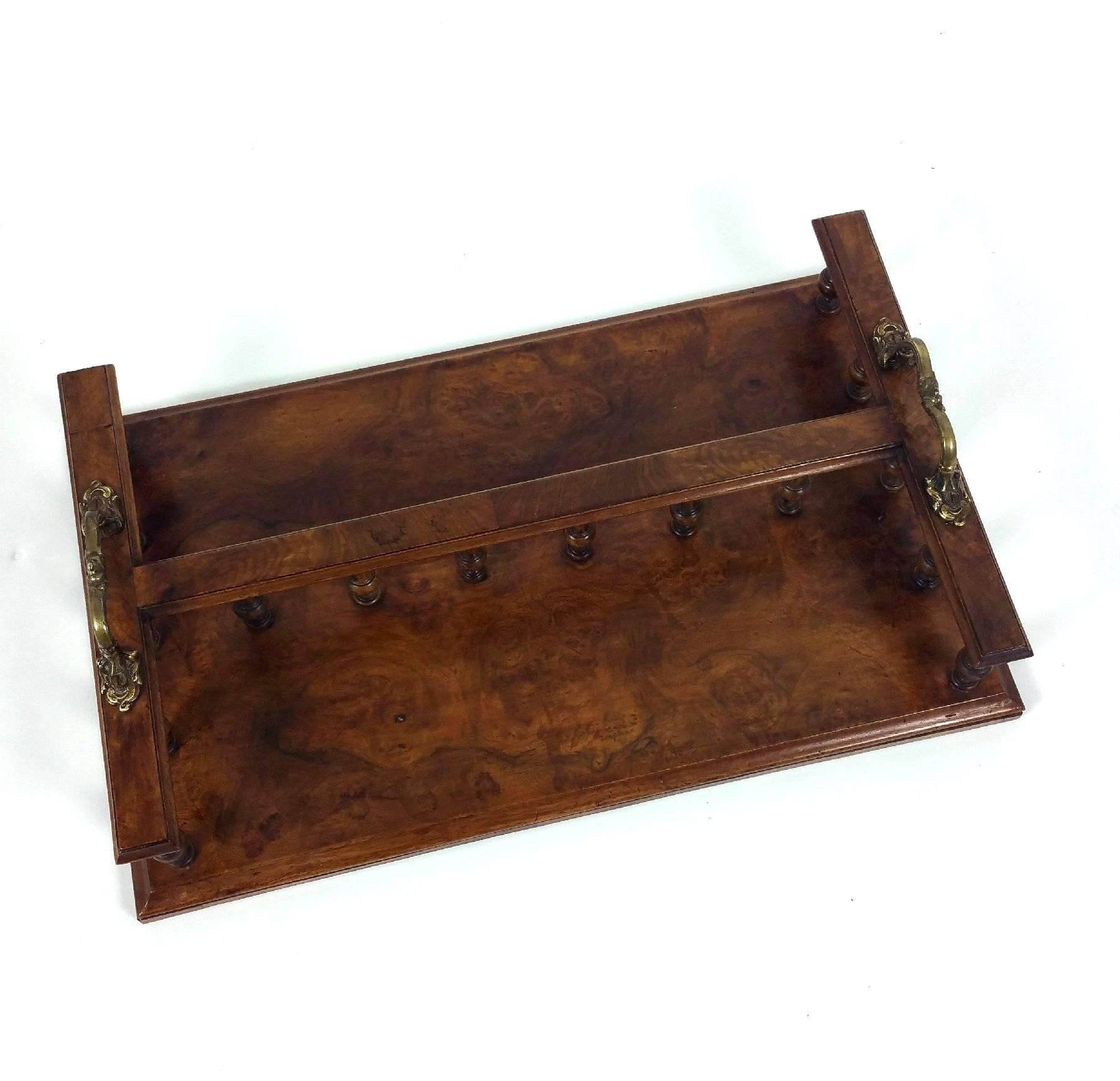English 19th Century Figured Walnut Book Stand with Twin Brass Handles For Sale
