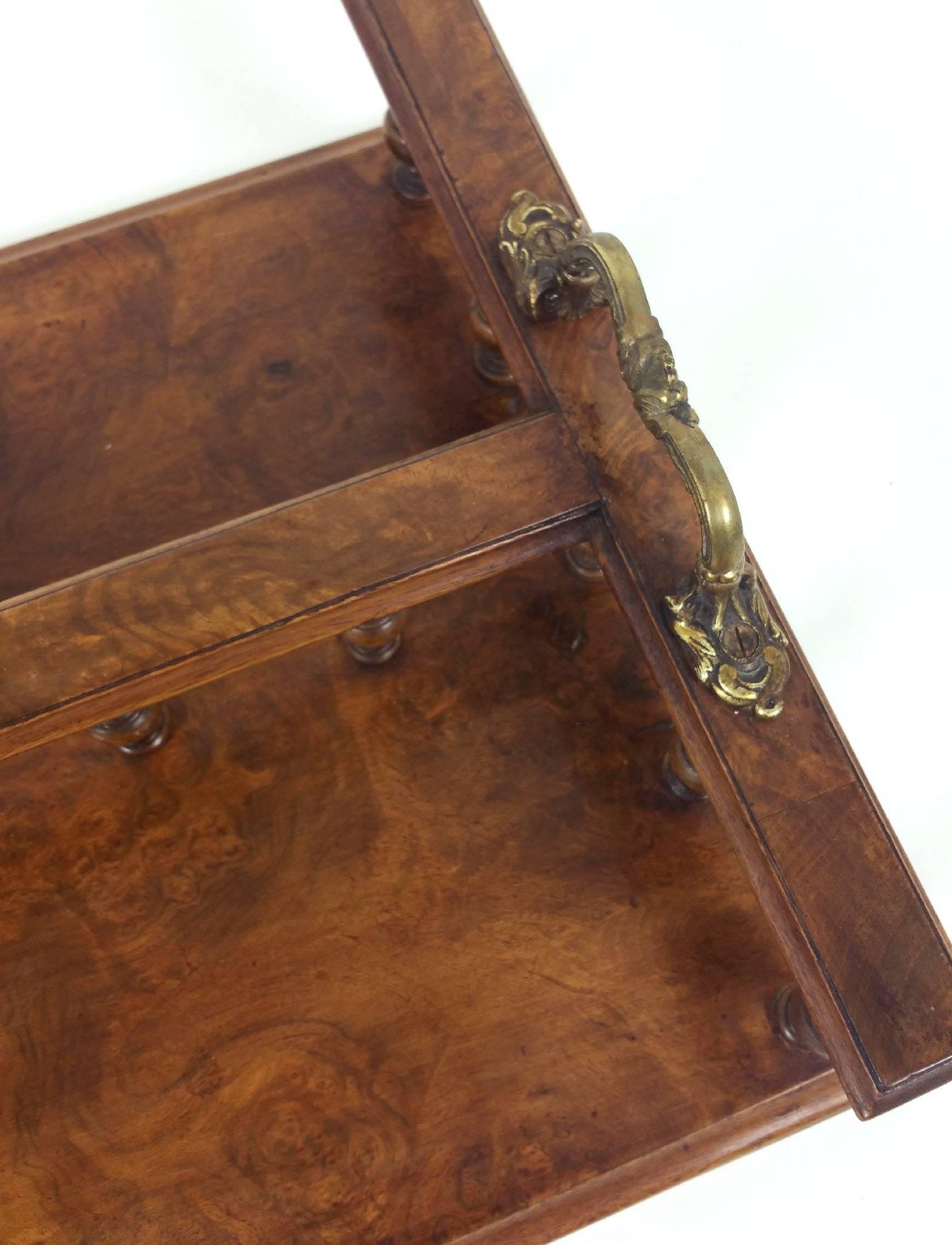 19th Century Figured Walnut Book Stand with Twin Brass Handles For Sale 2