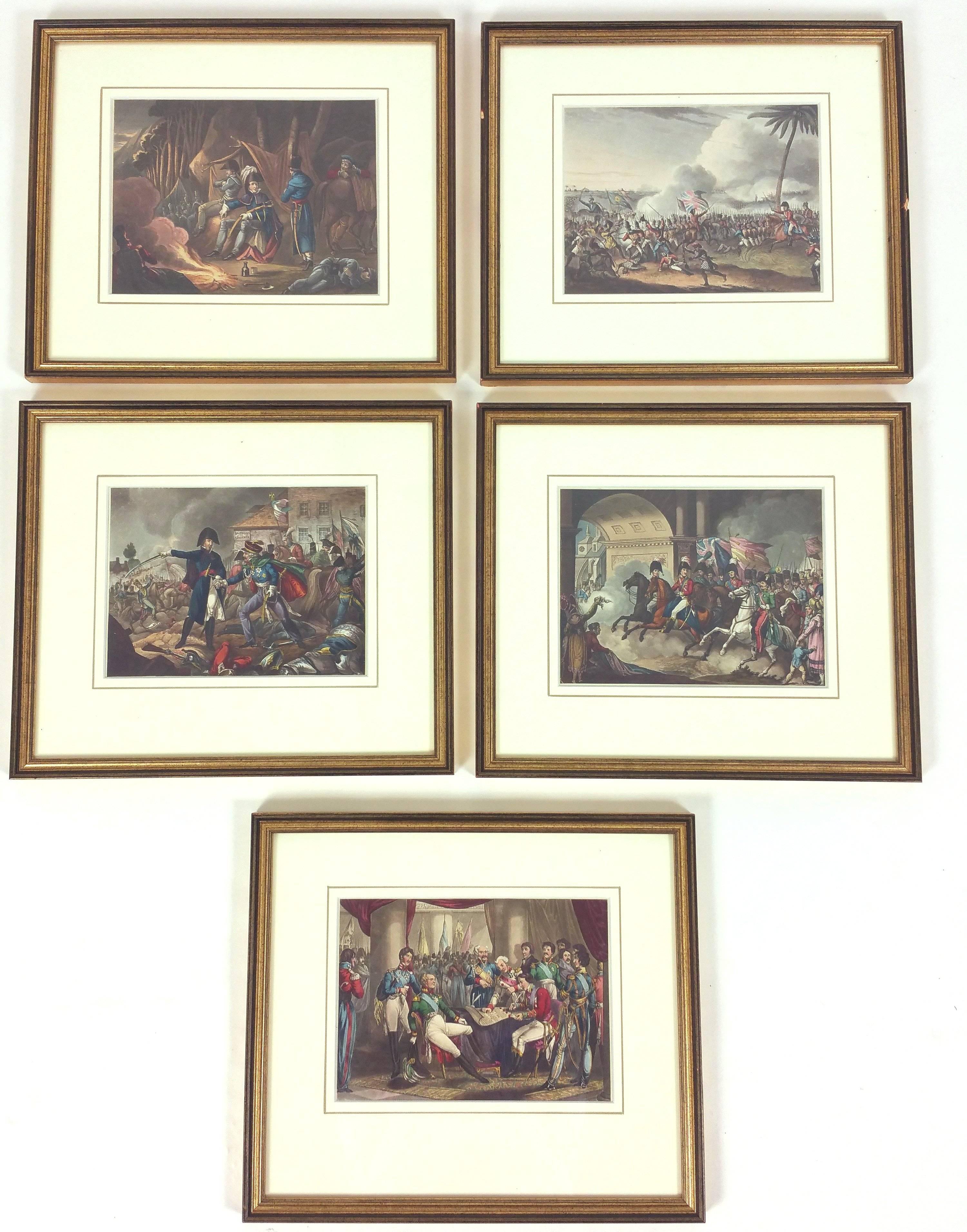 This superb and highly detailed set of 15 early 19th century hand colored military prints depict the various stages of battles, from beginning to end, of the Napoleonic War. The prints are very skillfully done and are all giltwood framed under