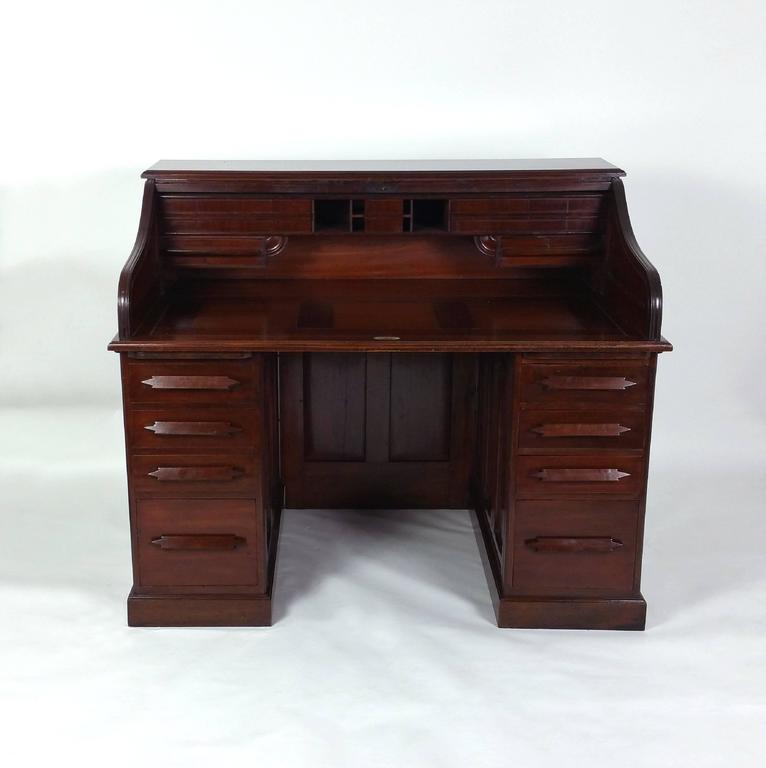 19th Century Unusual Indian Arts And Crafts Teak Roll Top Desk At This Outstanding And Unusual Indian Arts Crafts Teak Pedestal Desk Features A Roll Top With