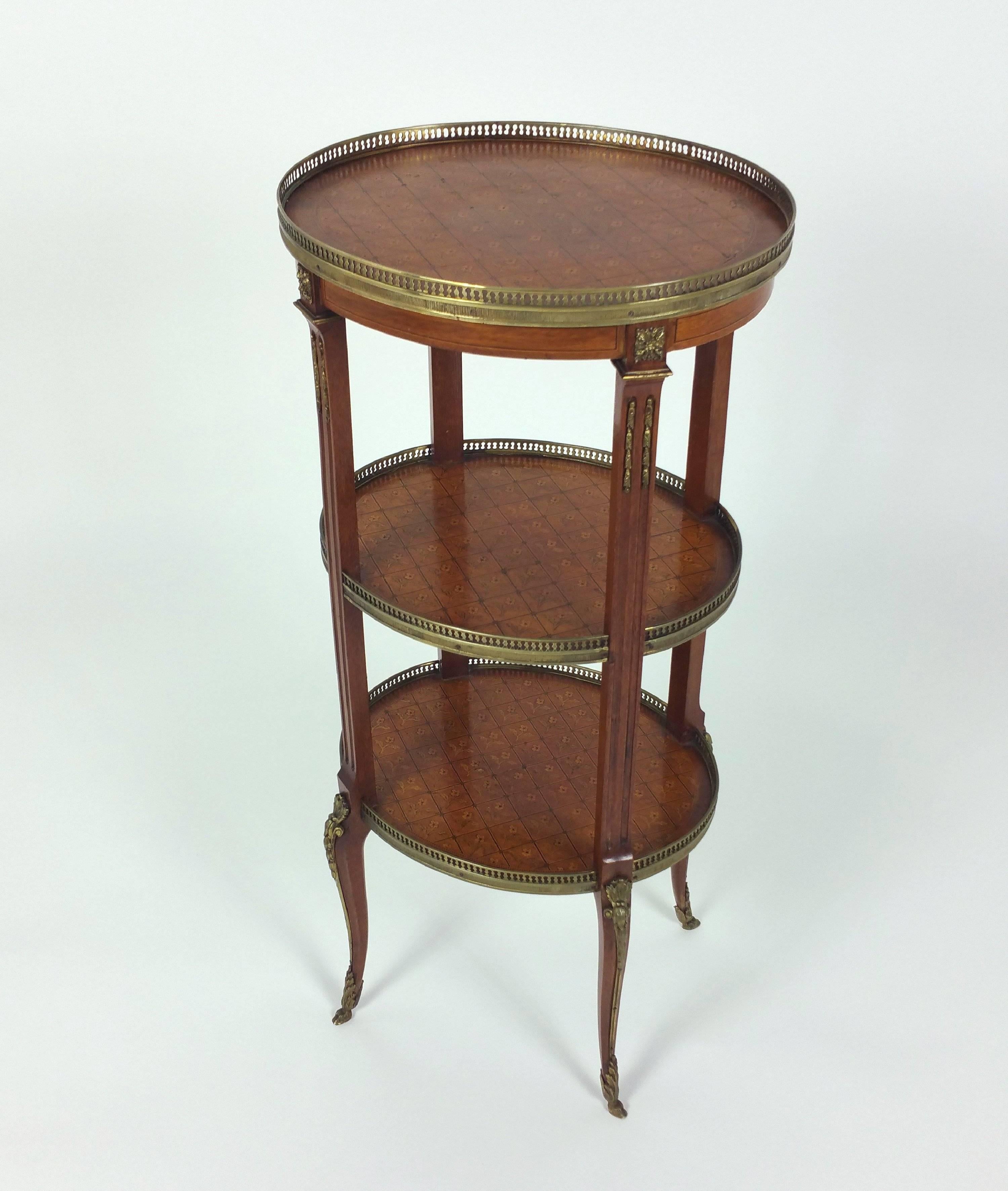 Gilt Pair of French Marquetry Inlaid Kingwood Three-Tier Étagères