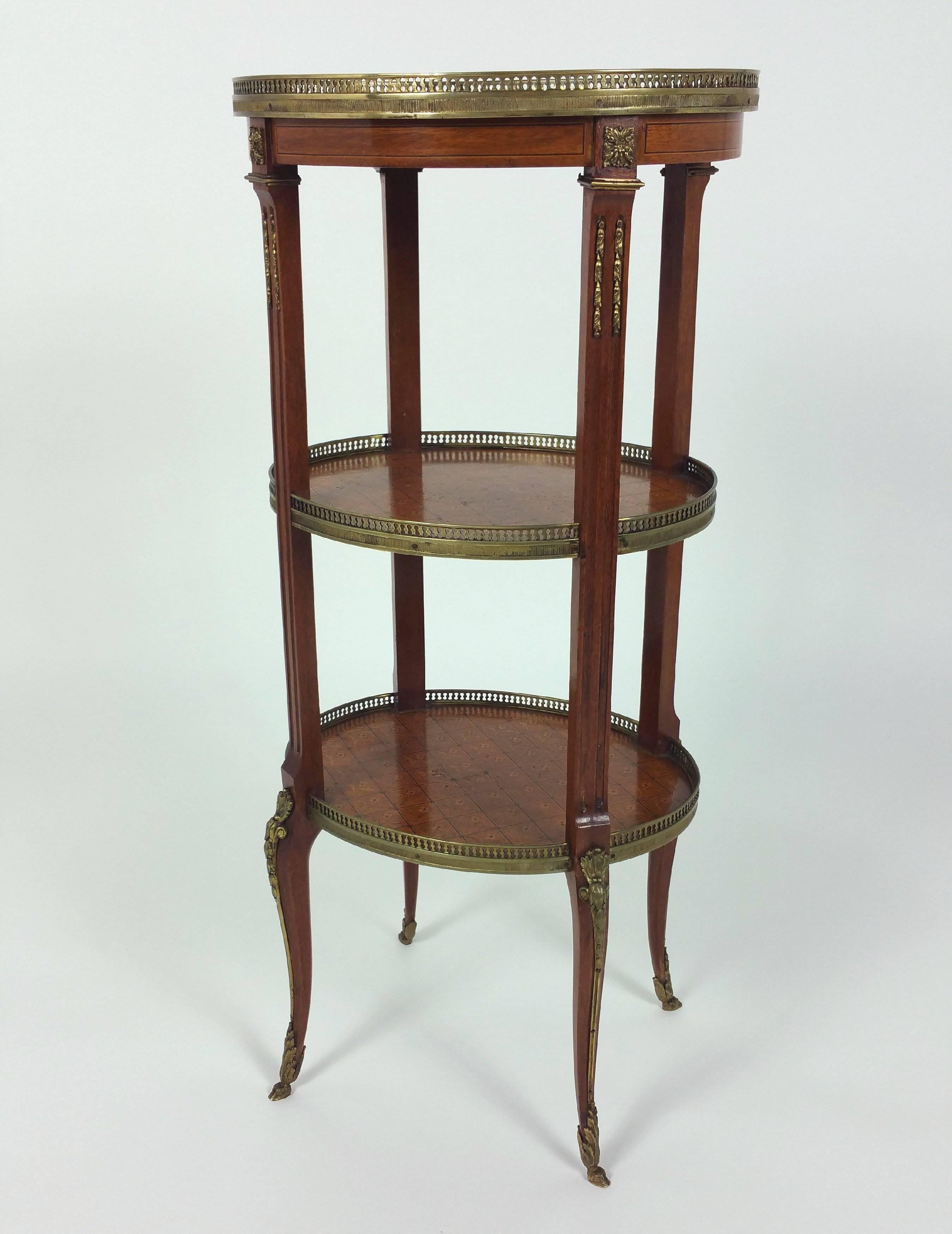 Pair of French Marquetry Inlaid Kingwood Three-Tier Étagères In Excellent Condition In London, west Sussex