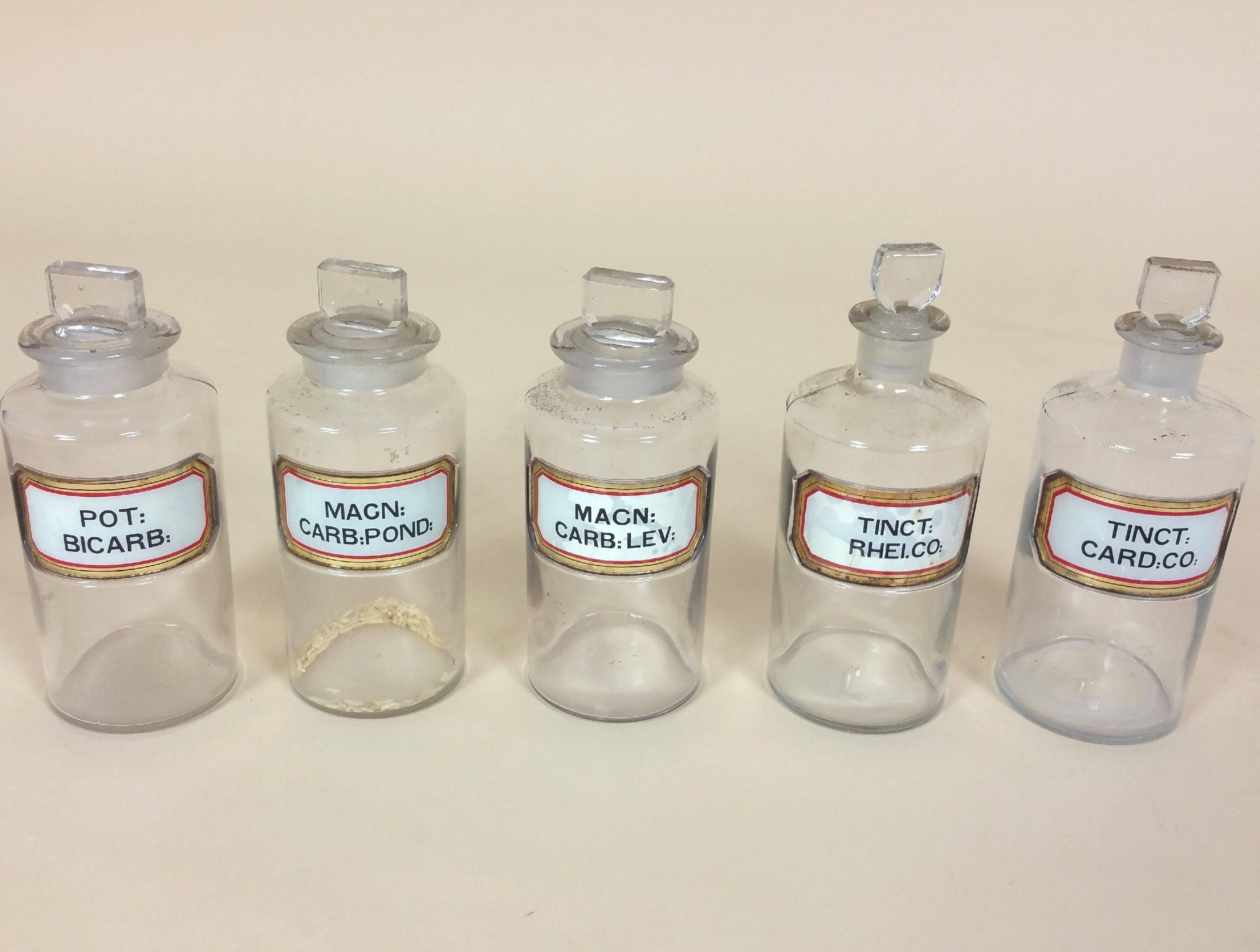 Set of 14 Early 20th Century Pharmacy Glass Jars with Rebated Gilt Labels For Sale 2