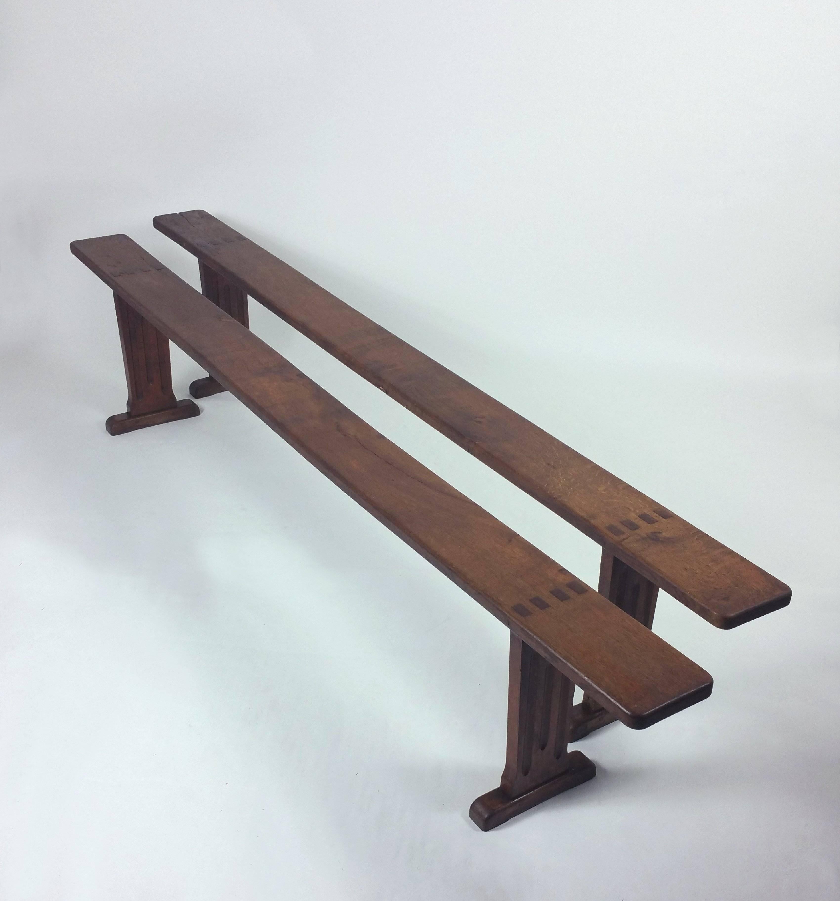 These wonderful and rustic oak form benches has fluted trestle ends and a gorgeous warm and rich patina. Each one measures 98 in – 249 cm long, 7 in – 17.8 cm deep and 18 ½ in – 47 cm in height. They have bags of character and would make a fantastic