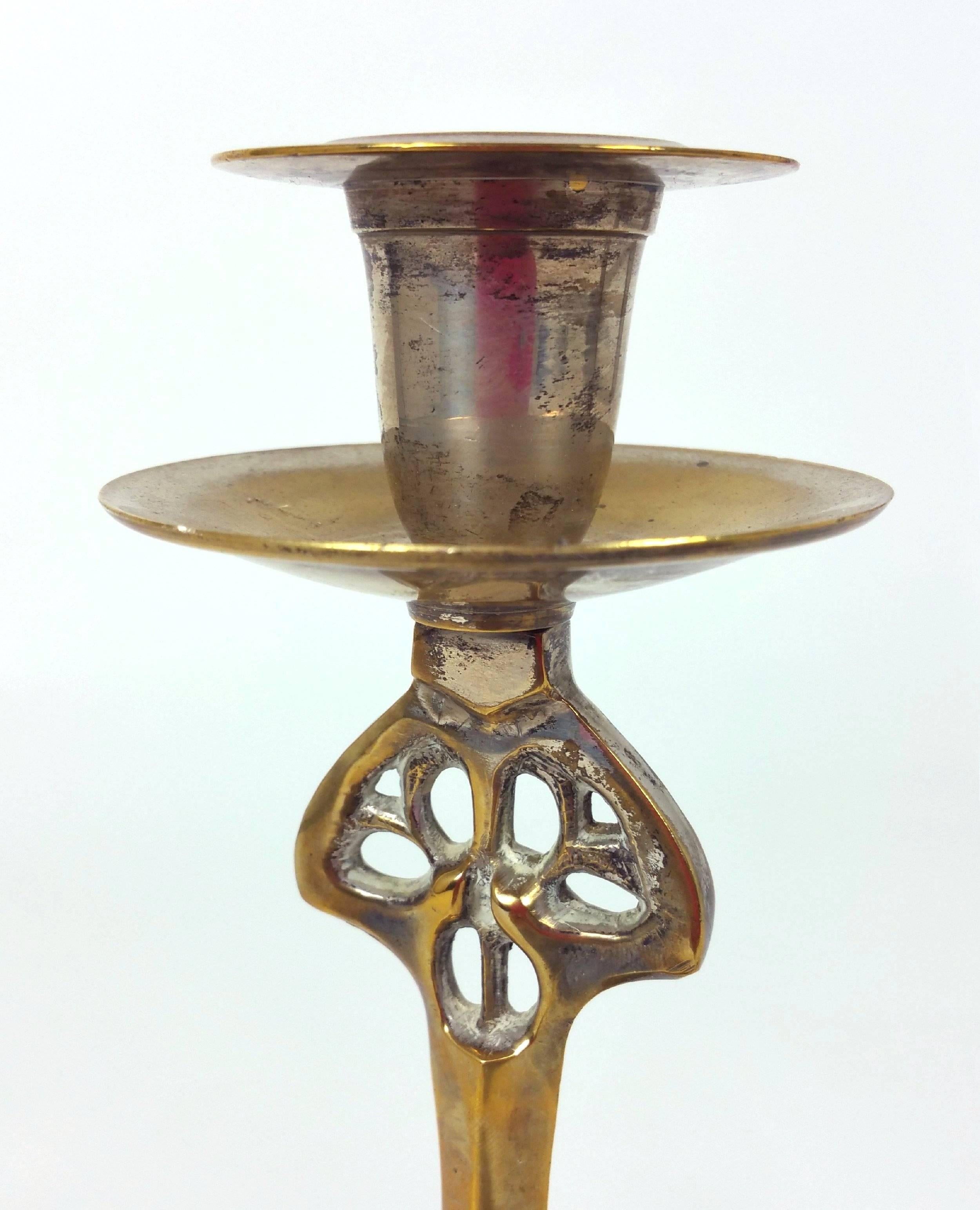 Pair of Art Nouveau 19th Century Brass Candlesticks (Messing) im Angebot