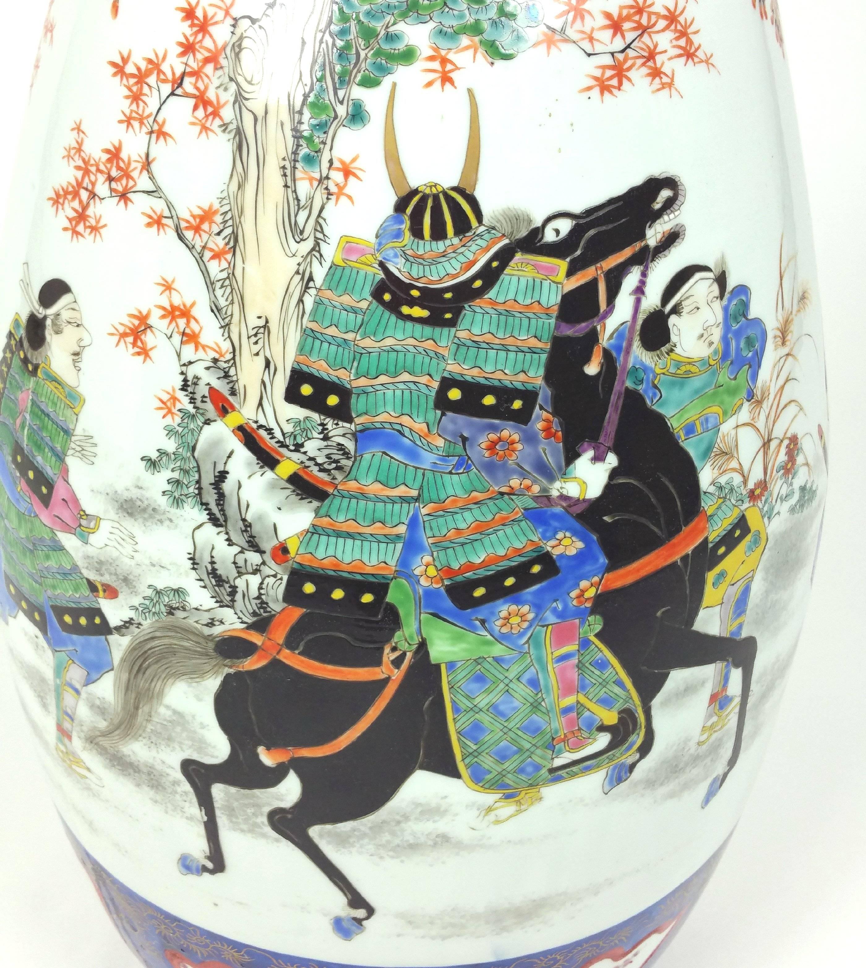 Hand-Painted Large 19th Century Japanese Twin Handled Vase with Painted Enamels
