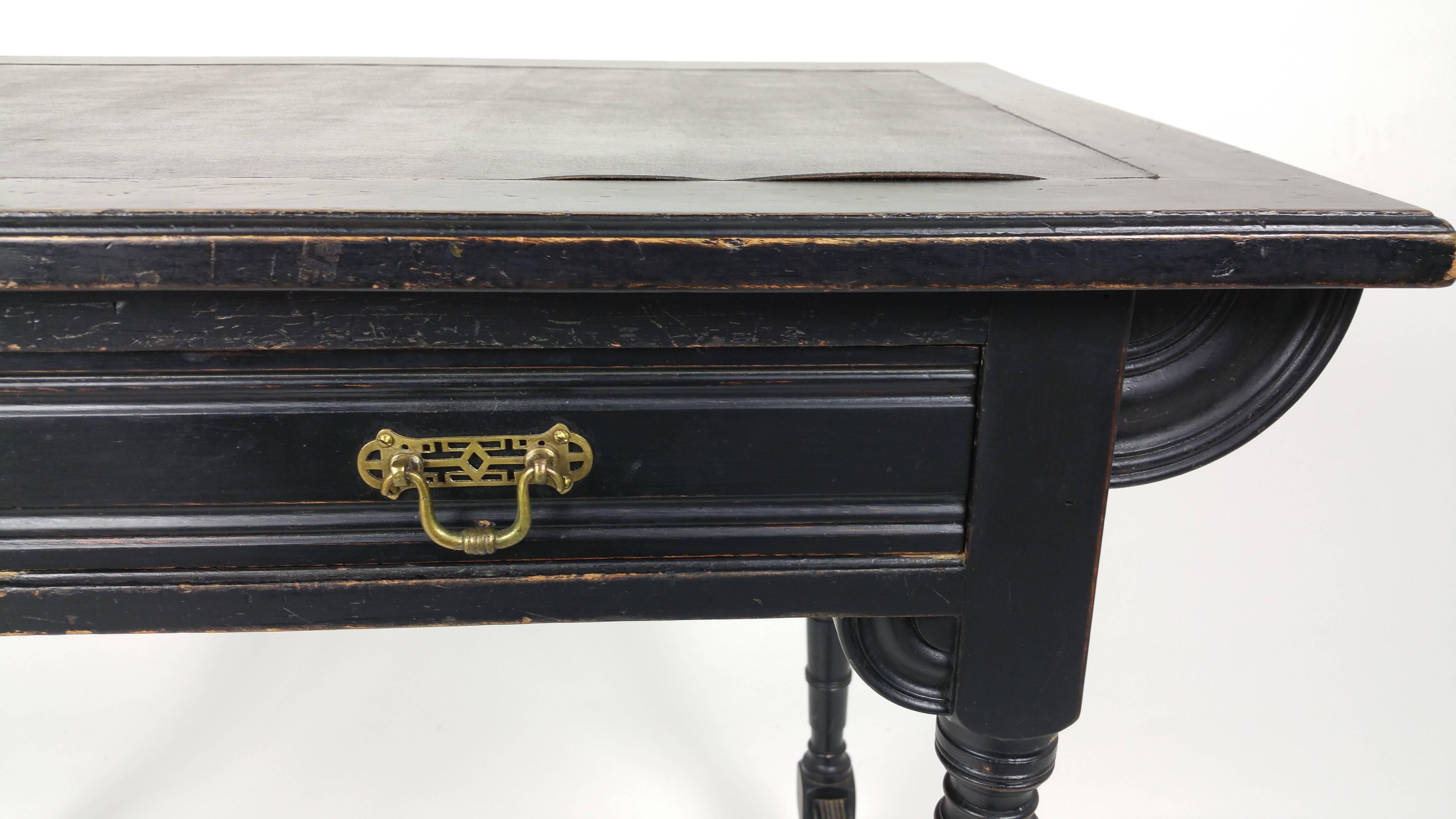 Brass 19th Century Art & Crafts Aesthetic Movement Ebonized Mahogany Writing Table