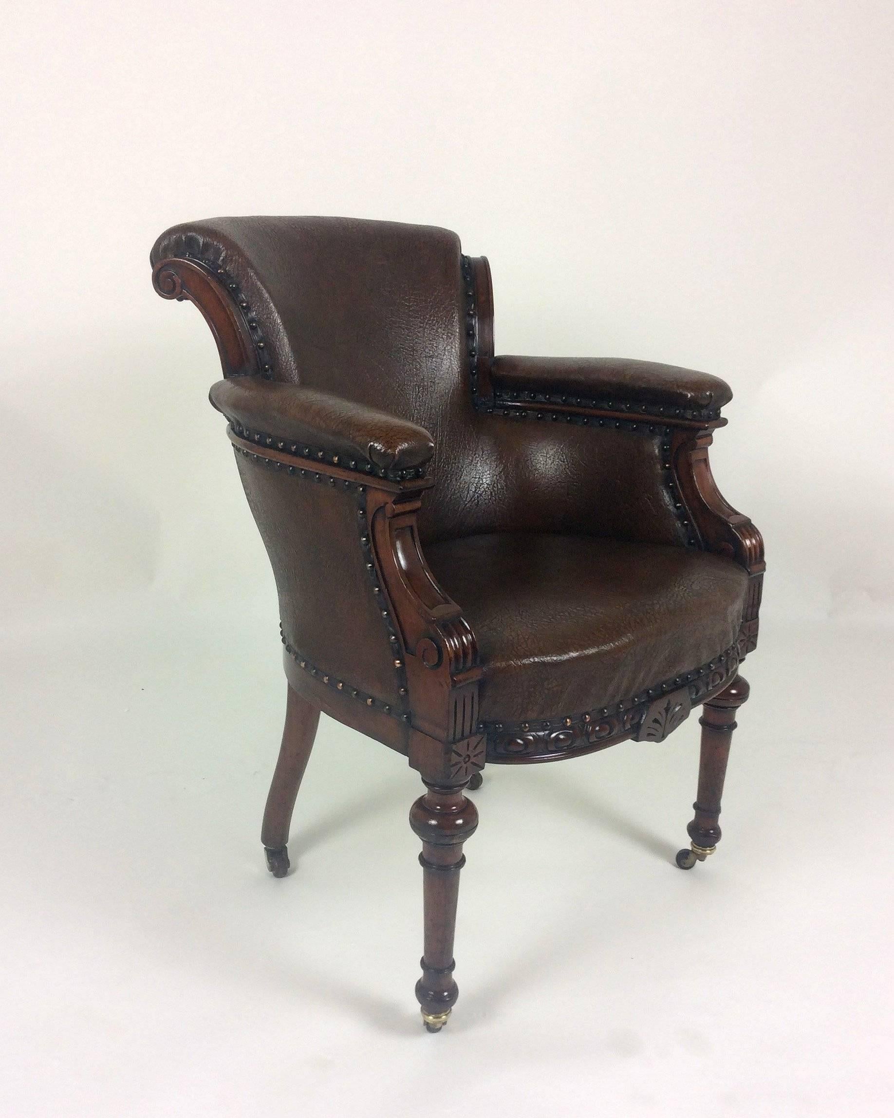 This very handsome Victorian mahogany desk chair is upholstered in rich dark brown textured leather with brass metal stud detailing. The chair measures 24 in – 61 cm wide, 29 in – 73.7 cm deep and 34 in – 86.3 cm in height, with a chair seat height