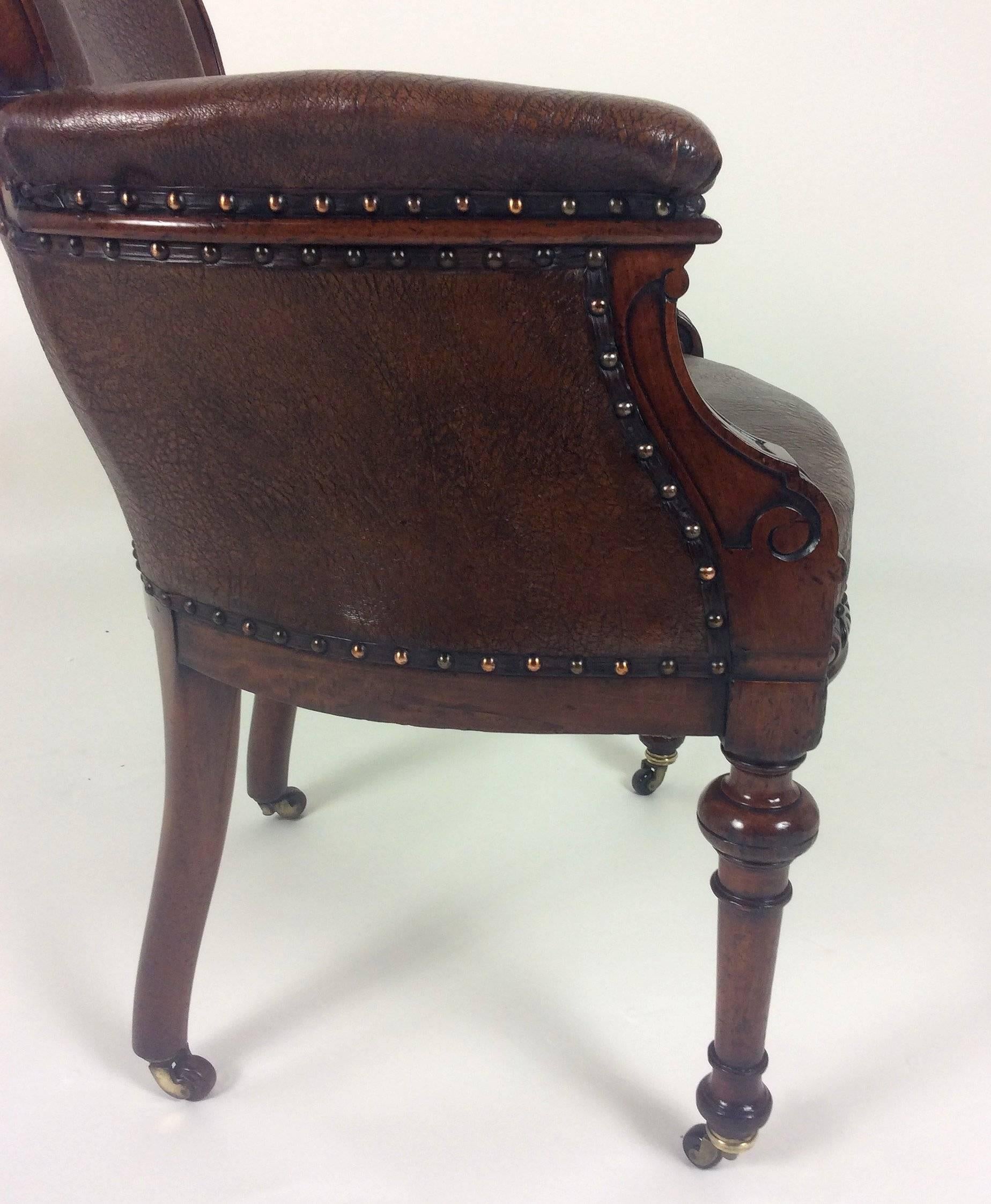 Brass Victorian Carved Mahogany Leather Desk Chair