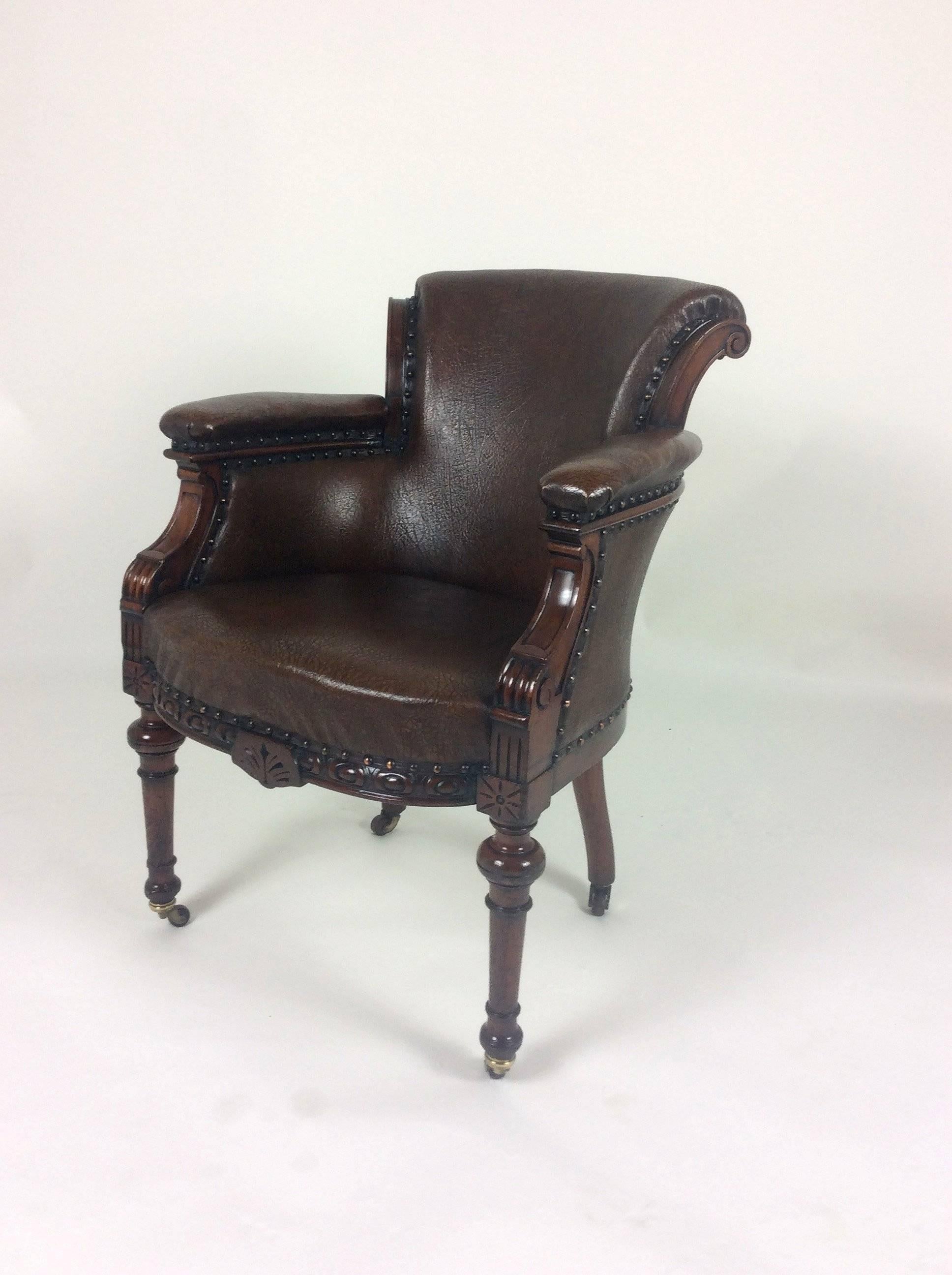 Victorian Carved Mahogany Leather Desk Chair 2