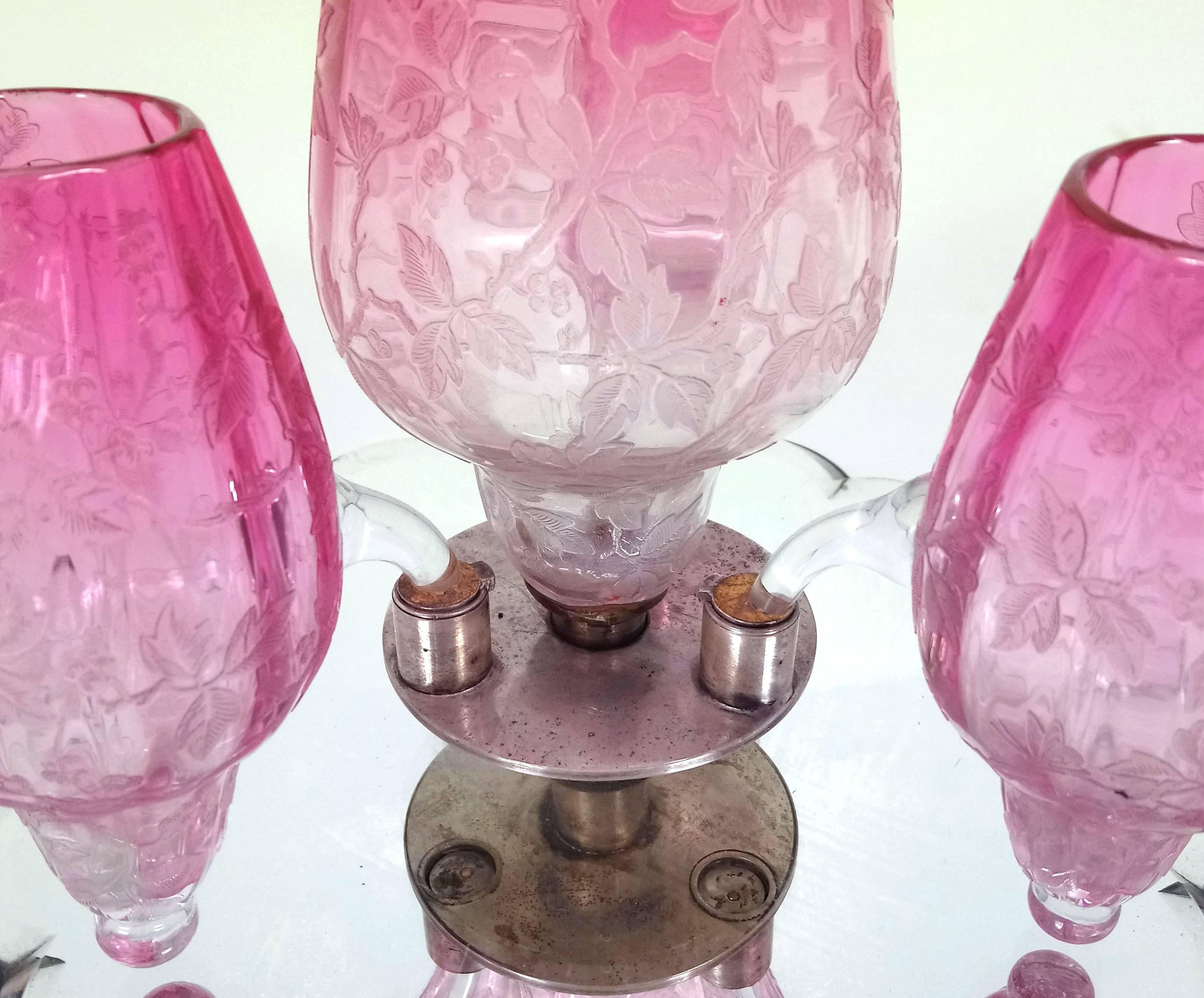 Victorian Engraved Cranberry Glass Four-Light Revolving Centre Piece In Excellent Condition In London, west Sussex