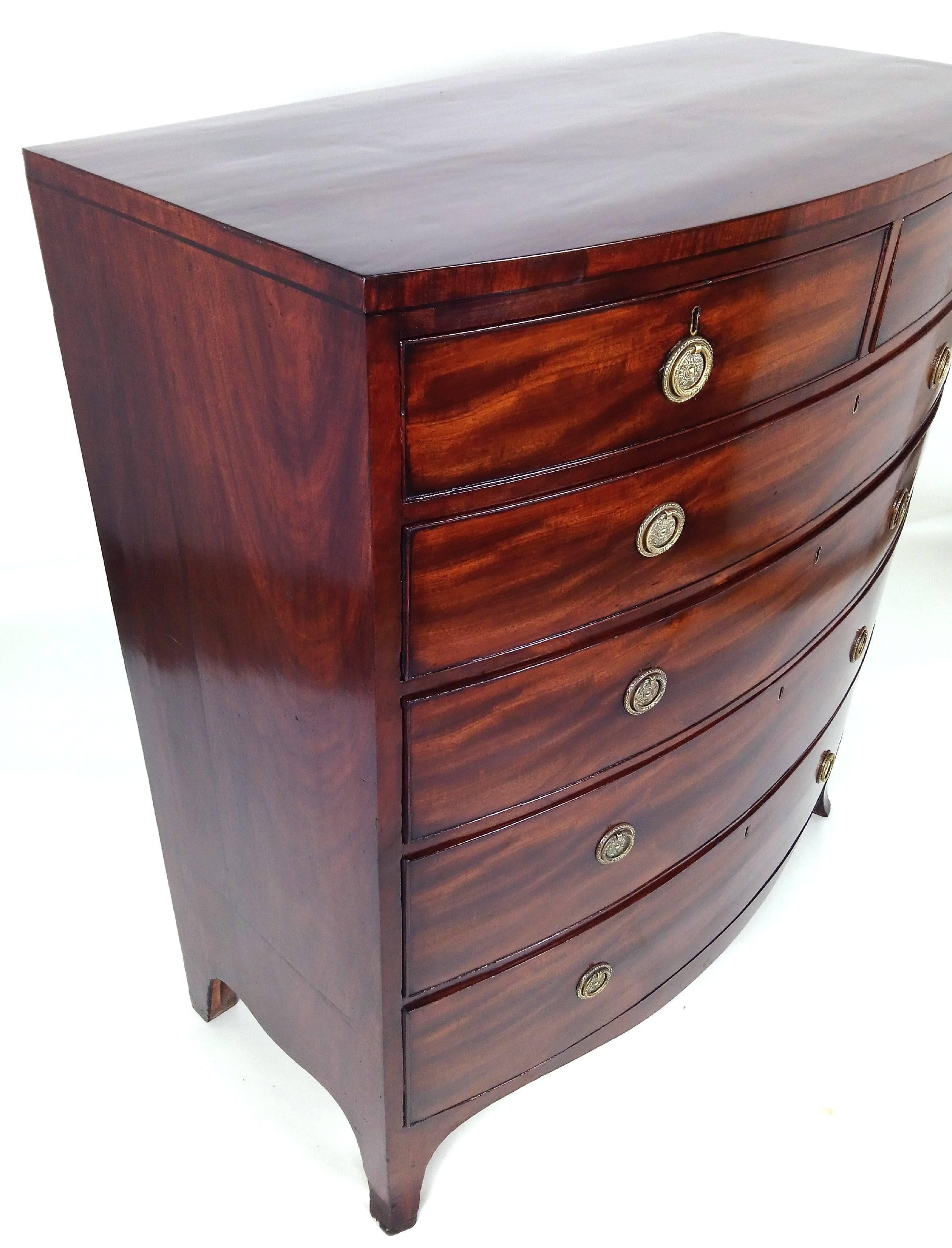 Brass George III Large Figured Mahogany Bow Fronted Chest of Drawers
