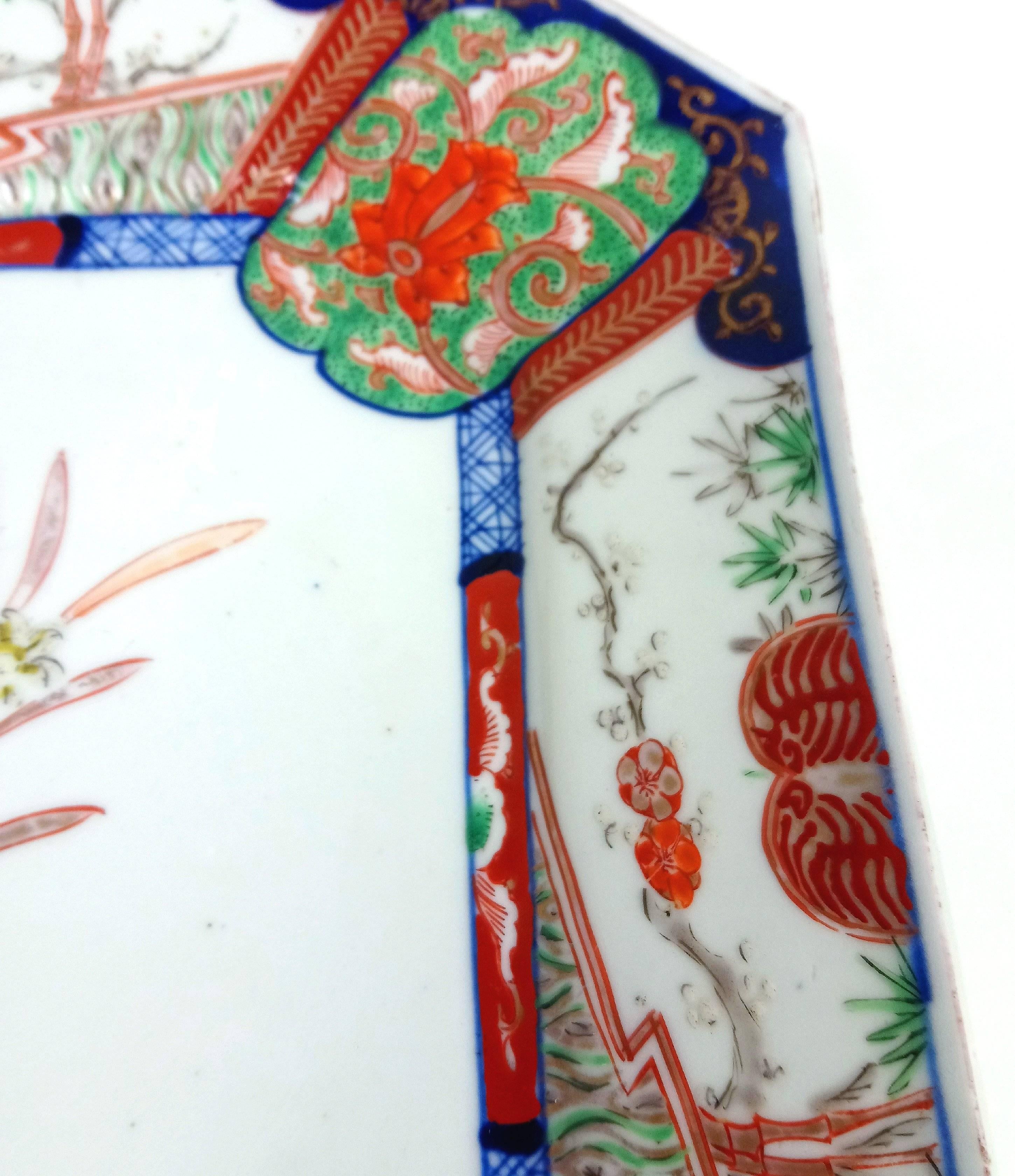 Hand-Painted 19th C. Japanese Meiji Period Imari Square Form Platter with central bouquet