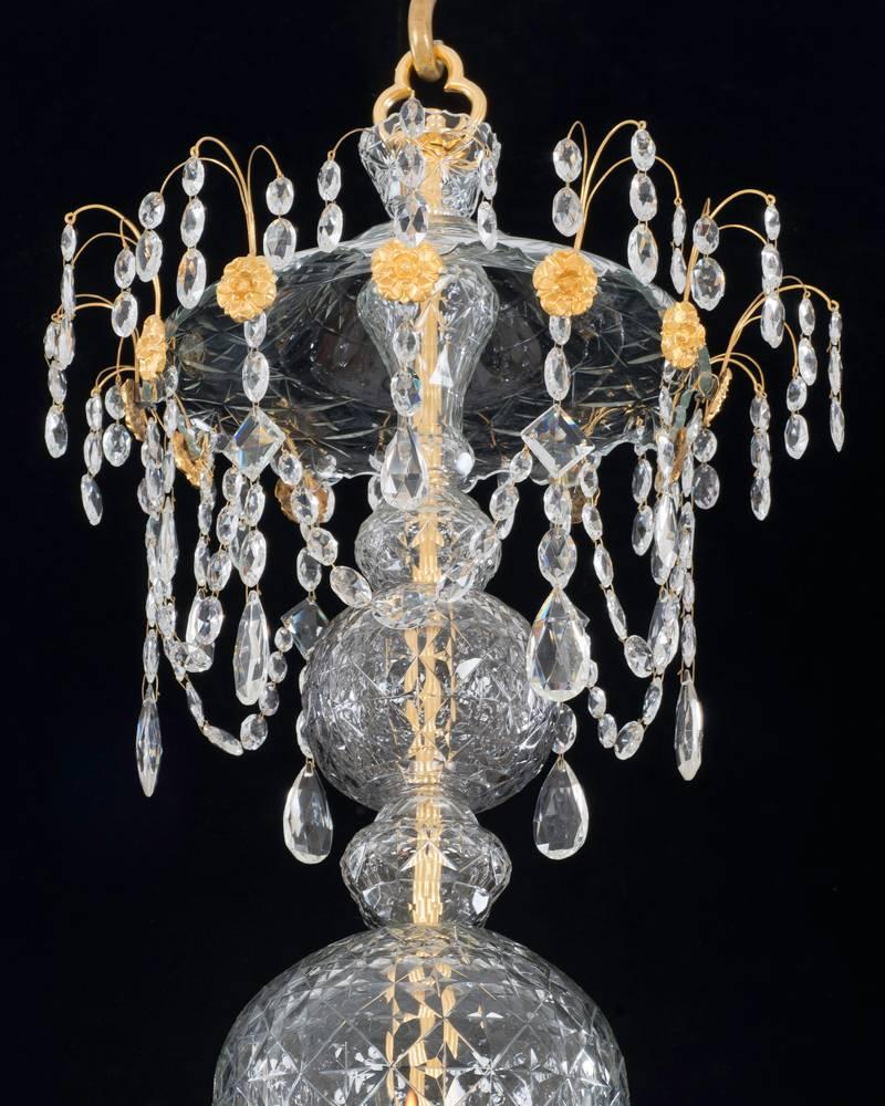 The baluster shaped shaft surmounted by a flat diamond cut spheres, and ormolu-mounted canopy the gilt gesso receiver plate incised 44 this supporting eight notched cut candle arms these alternate with ormolu-mounted Shepard crook shaped branches