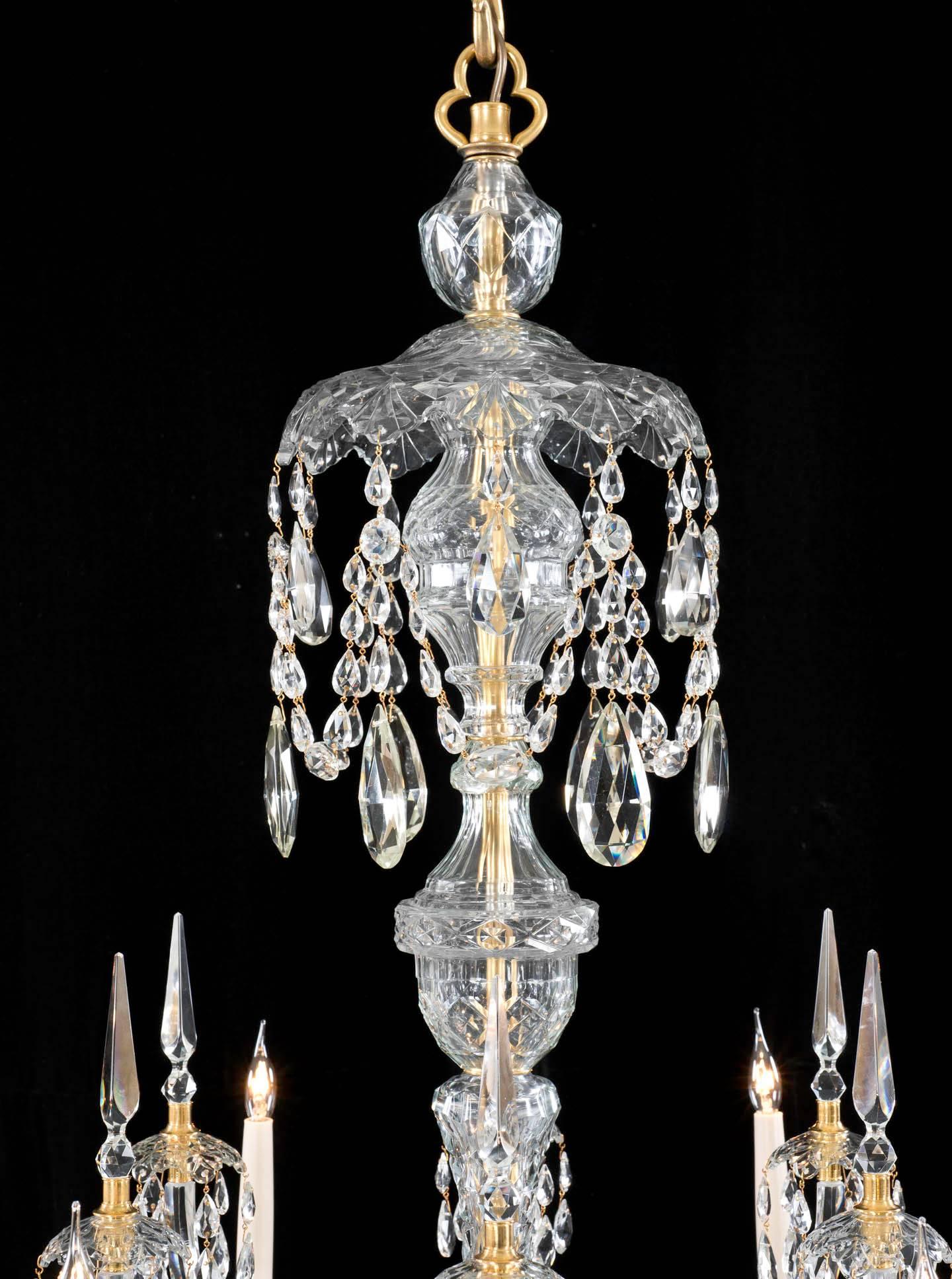 Georgian Pair of Six Light Ormolu-Mounted Cut Glass Chandeliers in Adam Style