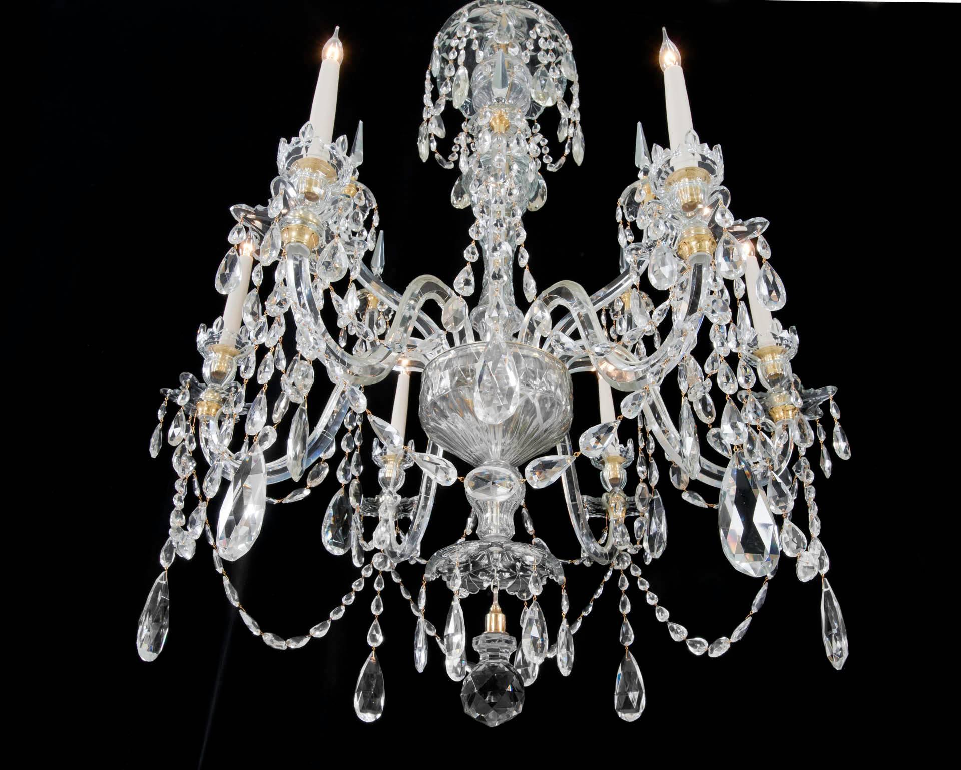 English Pair of Six Light Ormolu-Mounted Cut Glass Chandeliers in Adam Style