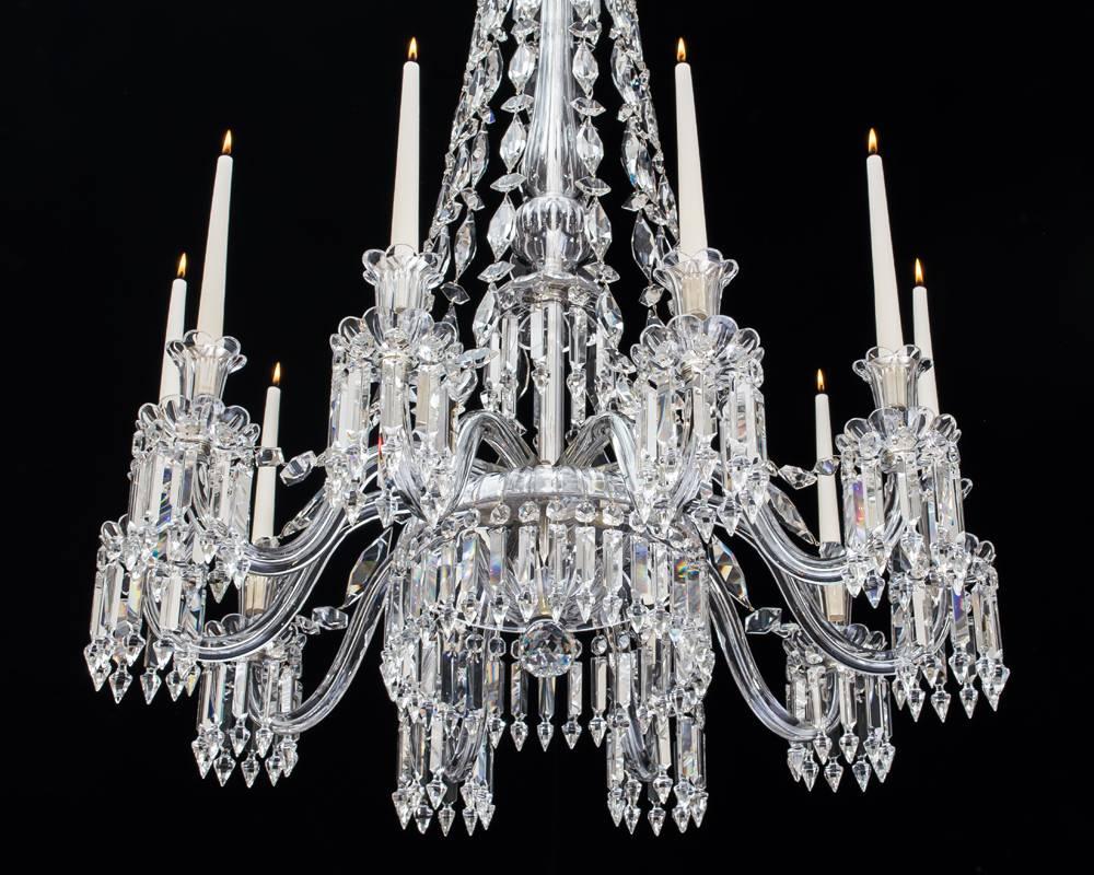 A fine Victorian chandelier cut-glass chandelier the main stem and recover bowl with thumb cutting issuing ten arms supporting drop hung drip pans and candle nozzles ,the top canopy draping to each arm with osler’s unique drops the rest of the