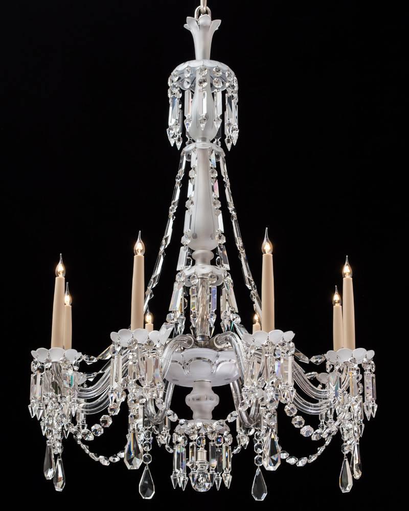 Fine Pair of Victorian Frosted and Cut Glass Eight-Light Chandeliers In Excellent Condition In Steyning, West sussex