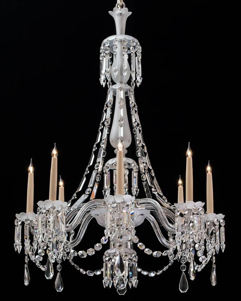 Late 19th Century Fine Pair of Victorian Frosted and Cut Glass Eight-Light Chandeliers