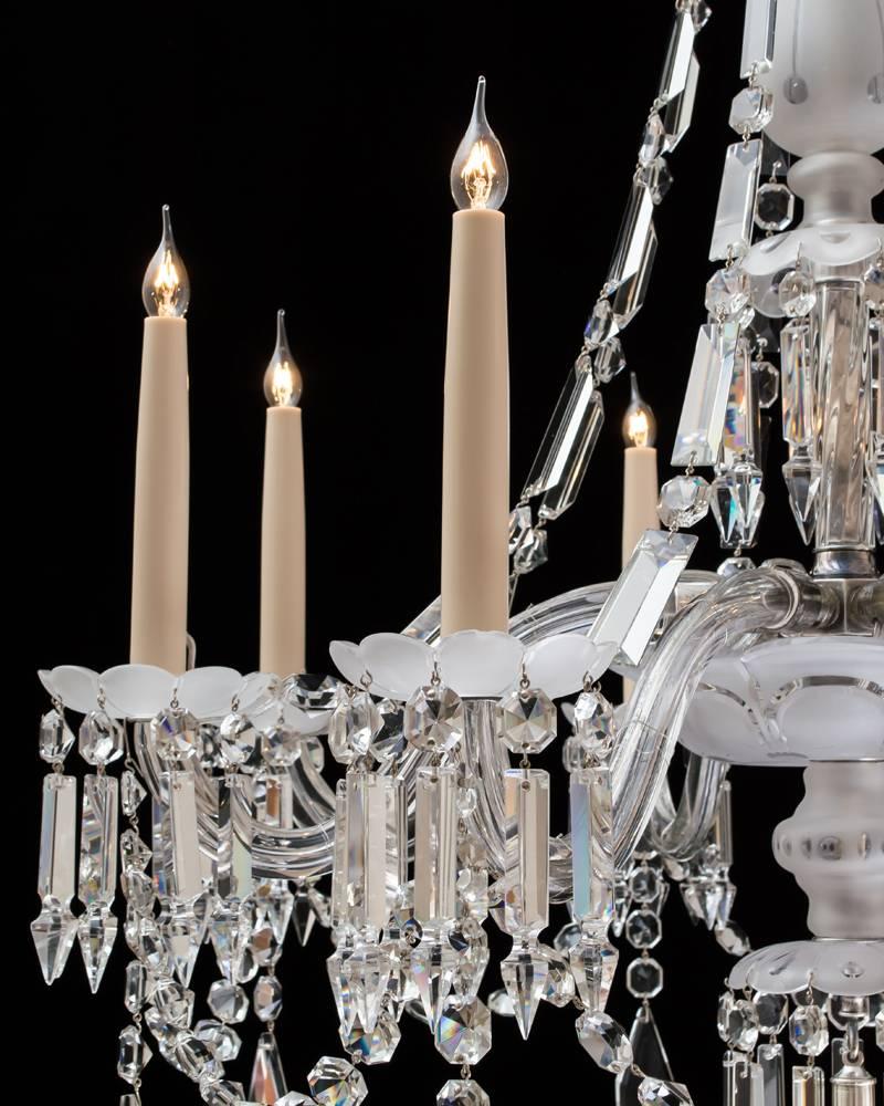 English Fine Pair of Victorian Frosted and Cut Glass Eight-Light Chandeliers